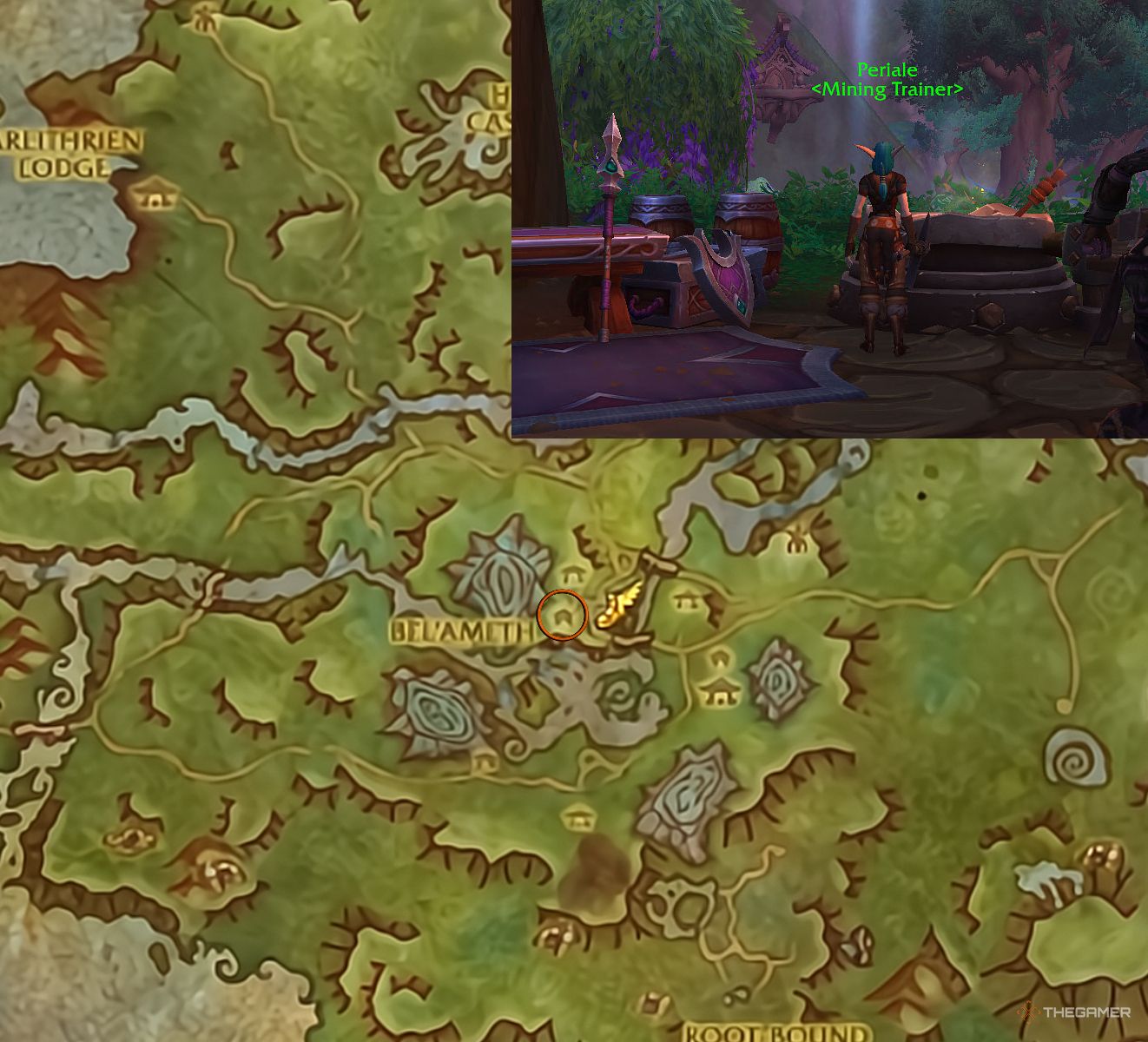 La ubicación del Escudo Kaldorei figura en un círculo en el mapa de Amirdrassil;  en persona a la derecha en World of Warcraft.
