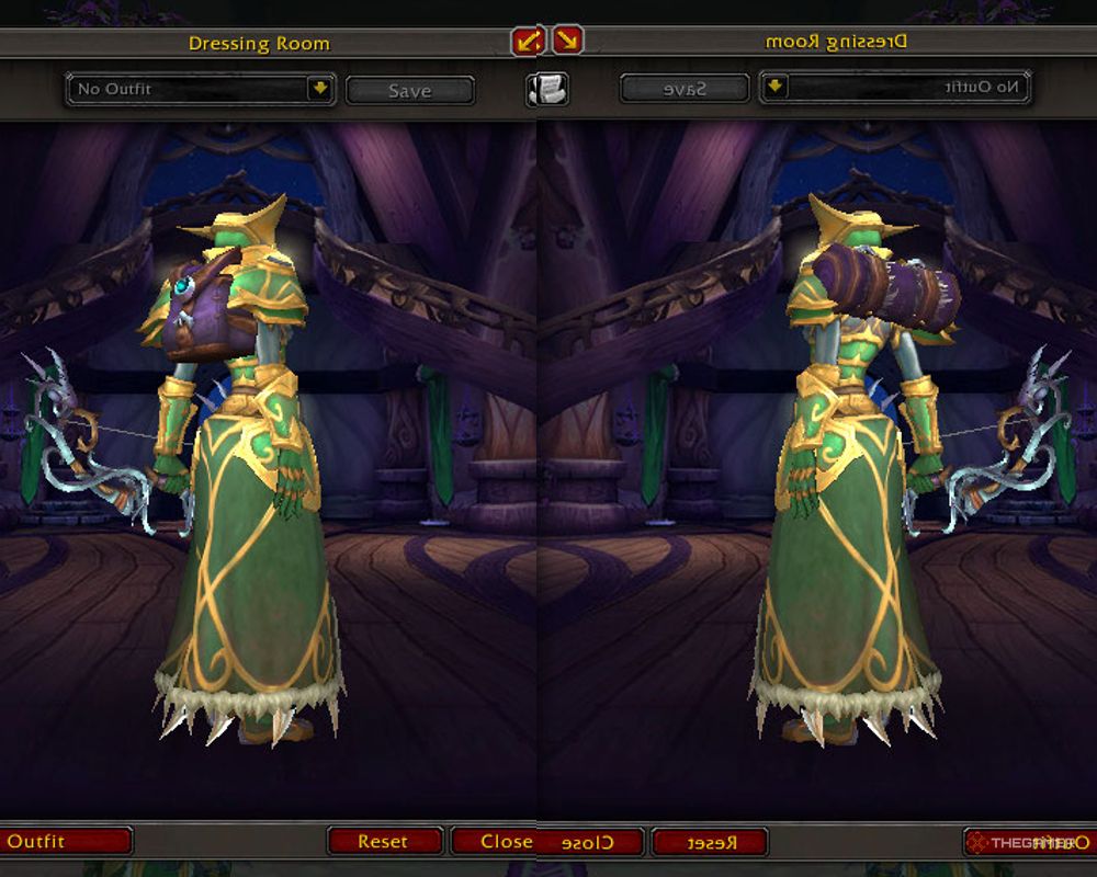La mochila Violet Kaldorei (izquierda) y el petate (derecha) en el vestidor de World of Warcraft.