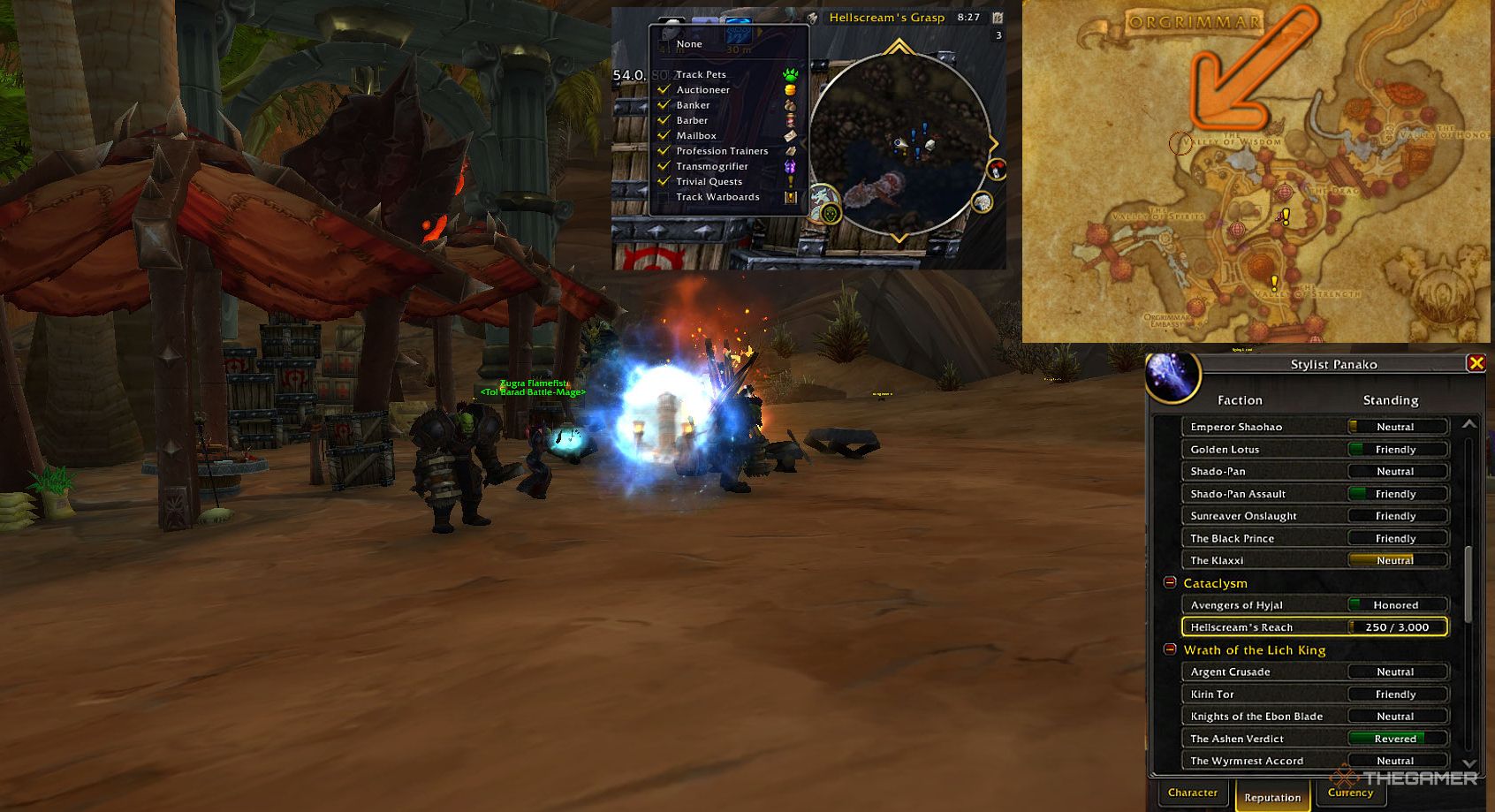 El Portal de Tol Barad en persona con su ubicación marcada con un círculo en el mapa;  así como misiones triviales y seguimiento de representantes en World of Warcraft.