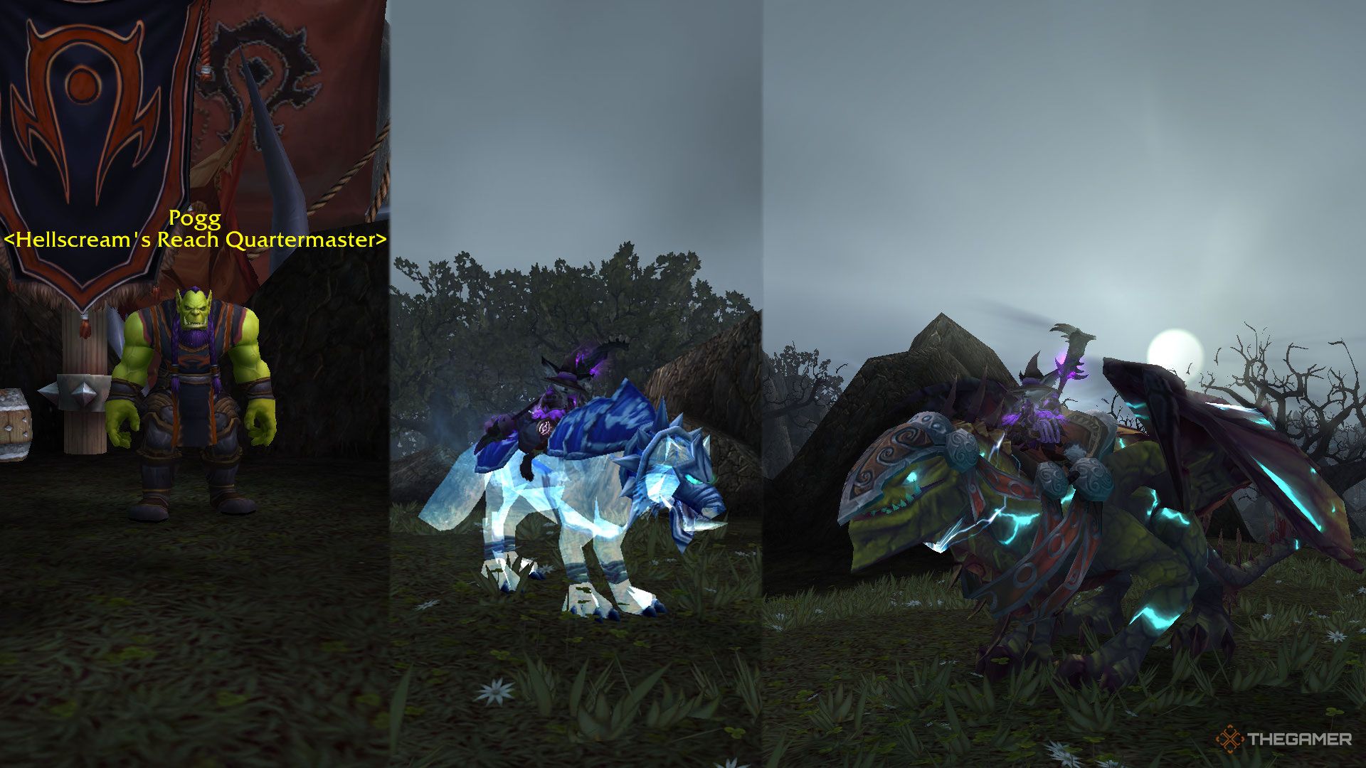 El intendente de Hellscream's Reach (extremo izquierdo) y sus dos recompensas montadas (derecha y extremo derecho) en World of Warcraft.