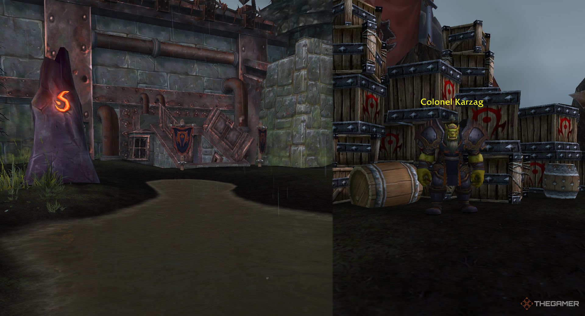 La entrada de asalto al Bastión Baradin (izquierda) y el Coronel Karzag (derecha) en World of Warcraft.
