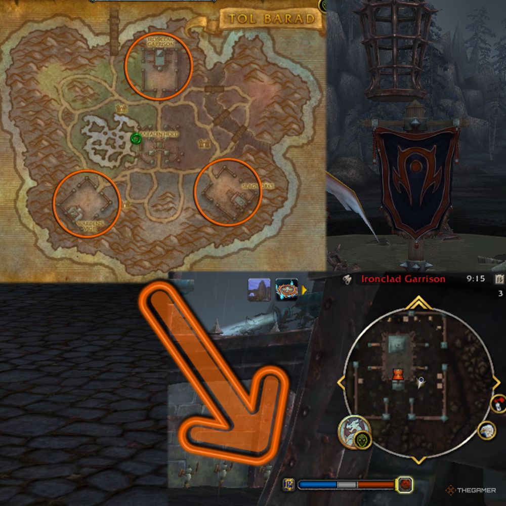 Las torres de Tol Barad están rodeadas por un círculo, con la barra "ganadora" en la parte inferior derecha en World of Warcraft.