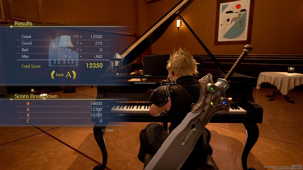 Un jugador que obtiene un rango A en una canción de Final Fantasy 7 Rebirth.
