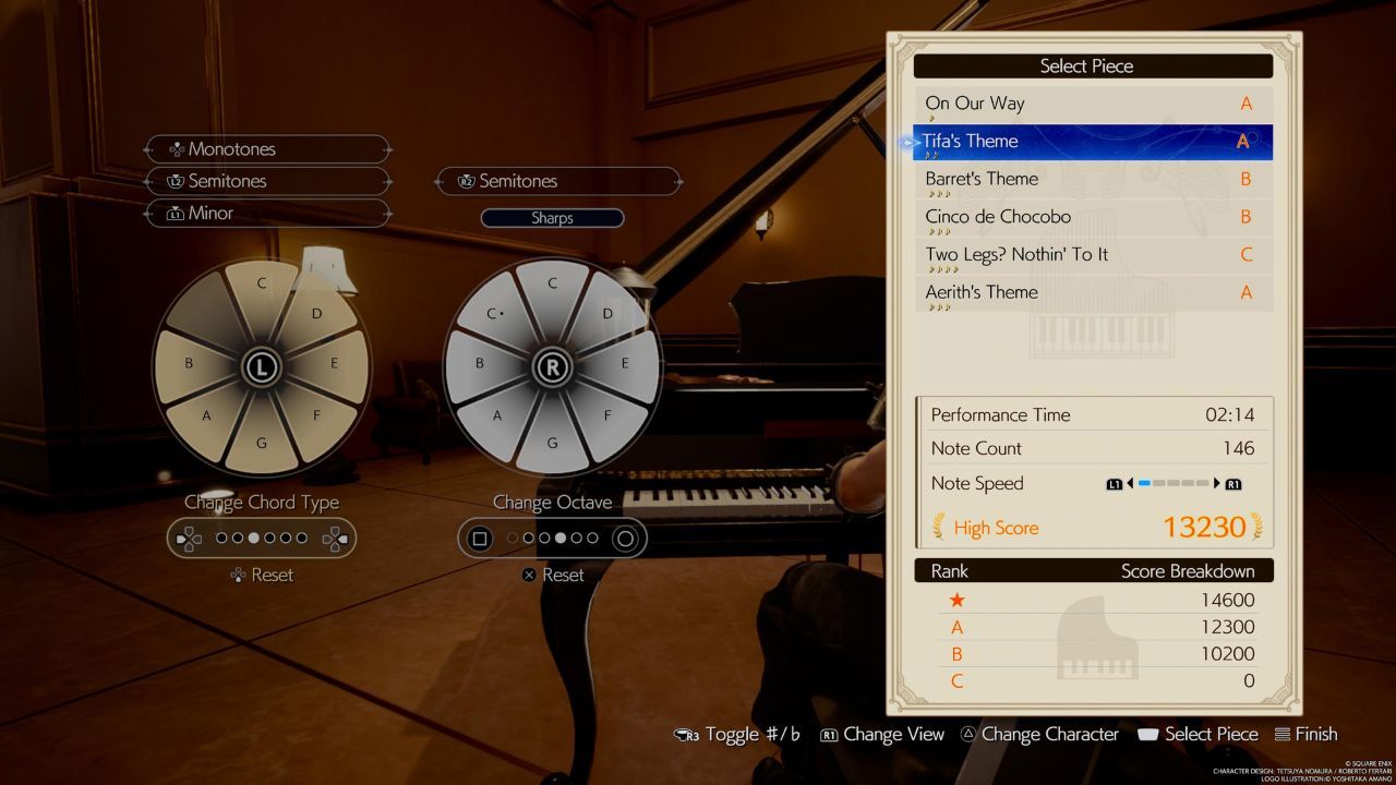 El menú de selección de canciones para el minijuego de piano en Final Fantasy 7 Rebirth.