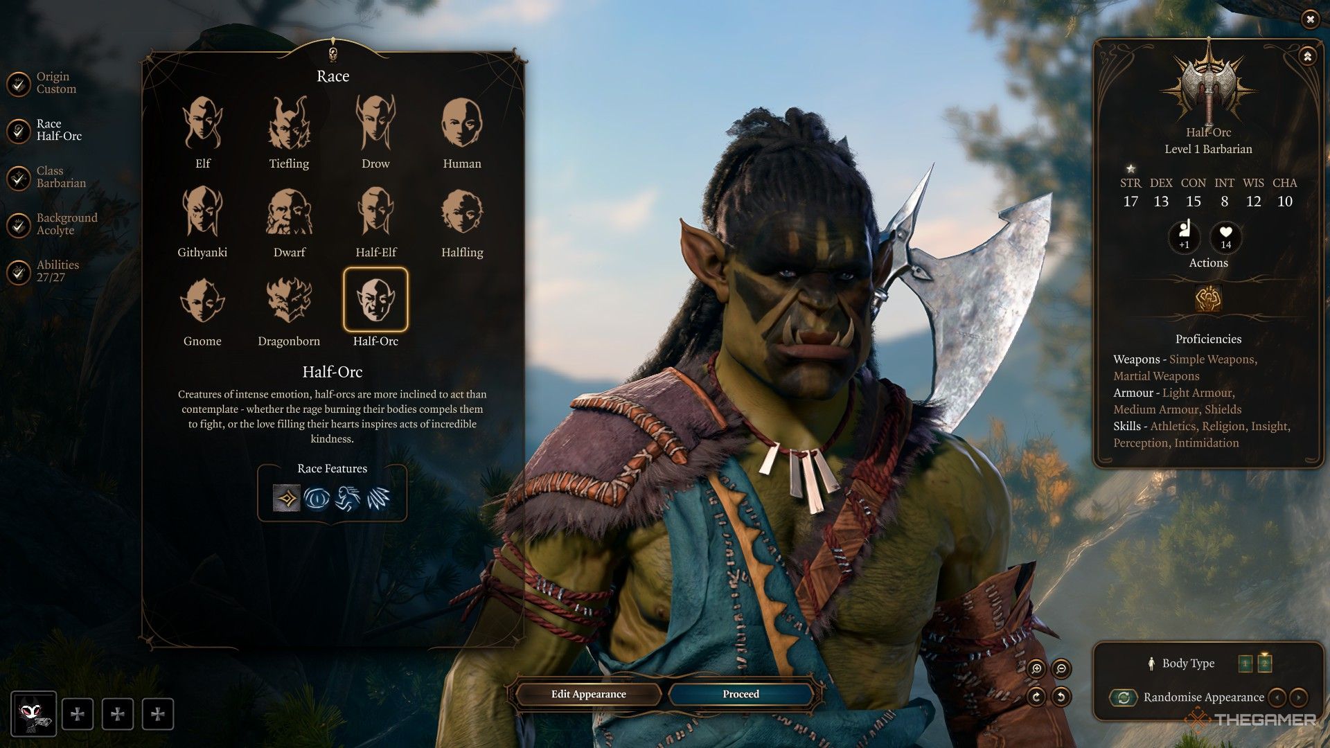 El jugador elige jugar como un semiorco masculino en Baldur's Gate 3.