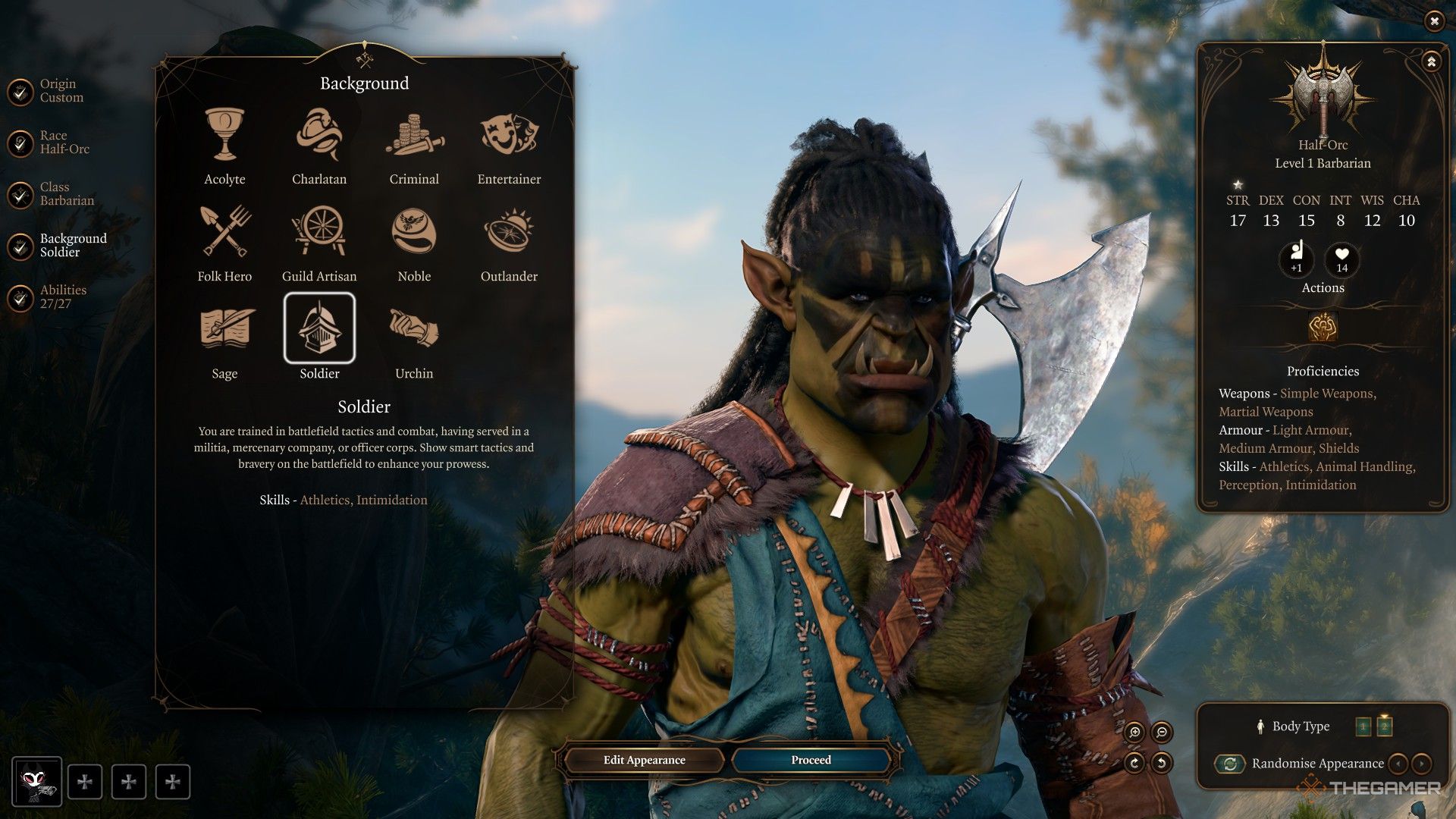 El jugador elige el trasfondo de Soldado para el personaje semiorco en Baldur's Gate 3.