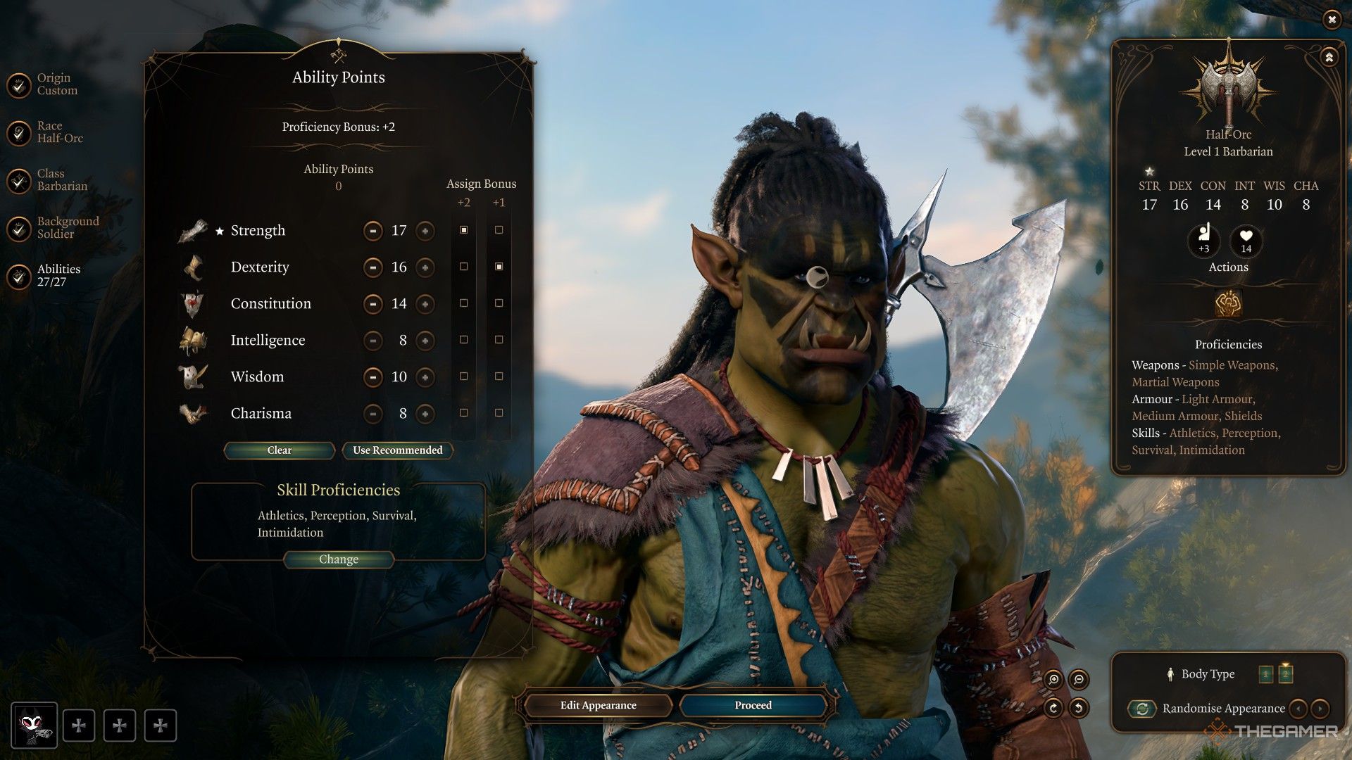 El personaje elige puntuaciones de característica para la construcción de ira semiorca, favoreciendo la Fuerza en Baldur's Gate 3.