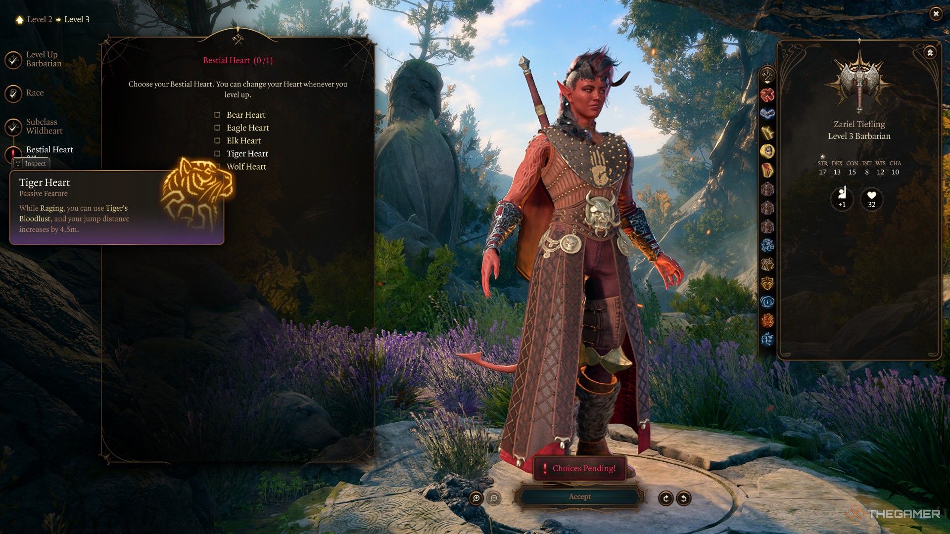 Karlach sube de nivel y elige la subclase Wild Heart: Tiger Barbarian en Baldur's Gate 3.