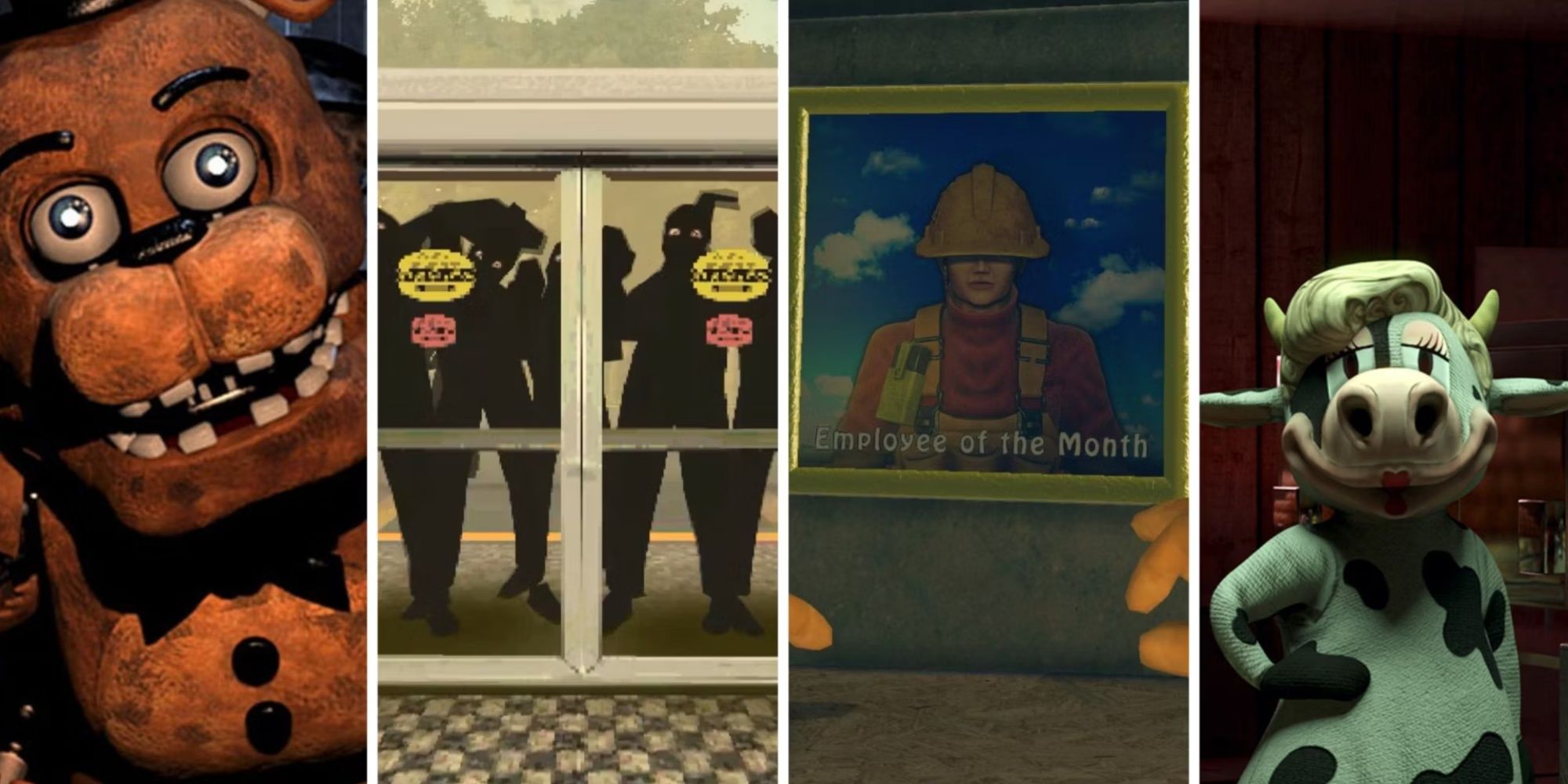 Collage con Freddy Fazbear, consumidores de Night Of The Consumers, un premio al empleado del mes de Viscera Cleanup Detail y Happy Heifer de Happy's Humble Burger Farm.