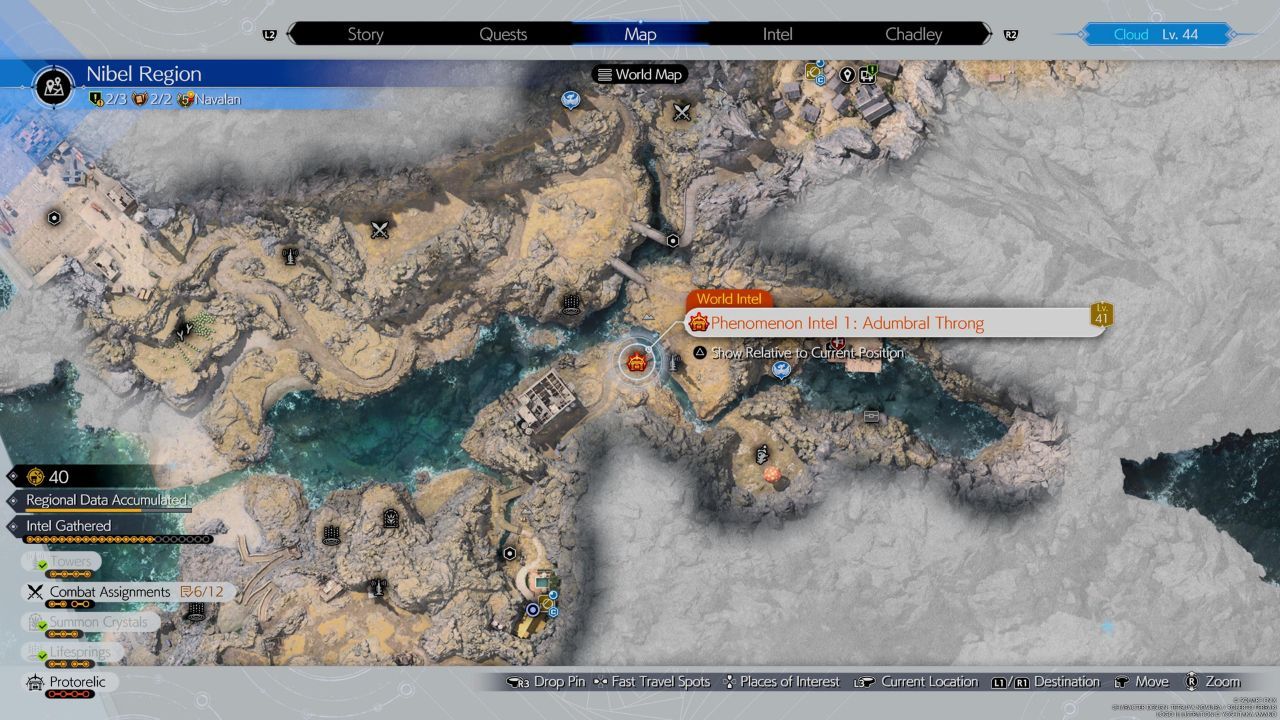 La primera misión Phenomenon Intel de la región de Nibel en el mapa de Final Fantasy 7 Rebirth.