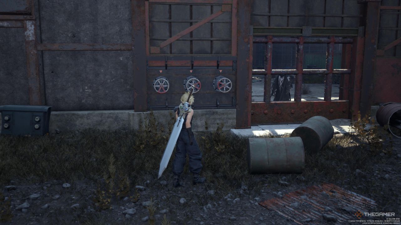 Un jugador parado cerca de un conjunto de tres válvulas junto a una puerta cerrada en Final Fantasy 7 Rebirth.