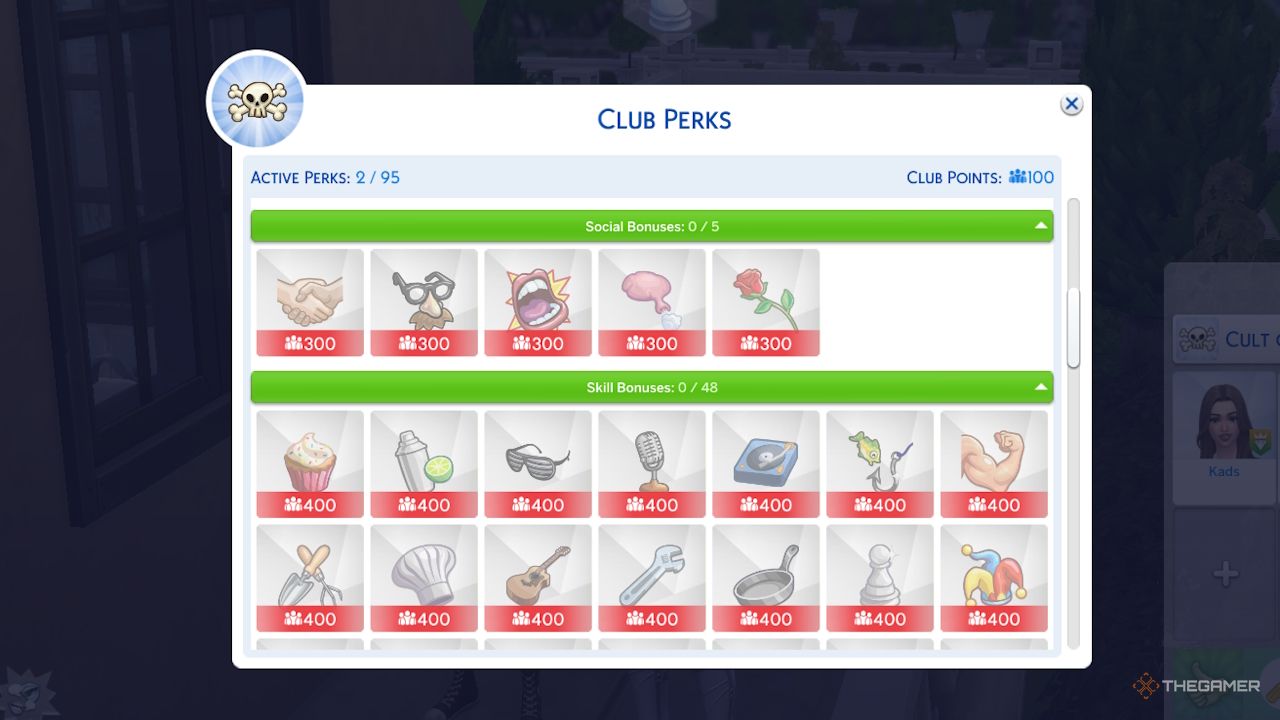 Las ventajas del club en Los Sims 4 junto con la cantidad de puntos del club