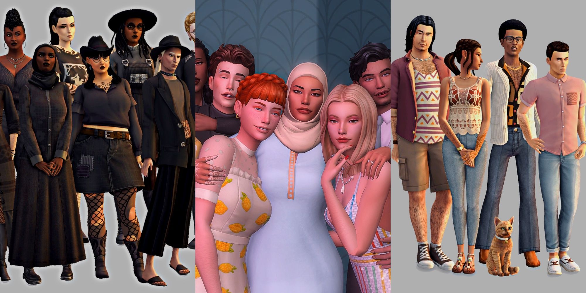 Una imagen de Los Sims 4 de tres hogares diferentes con contenido personalizado que están disponibles para descargar en Curseforge.