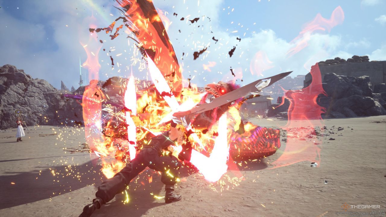 Cloud usando Cross Slash en un Rey Zu escalonado en Final Fantasy 7 Rebirth.