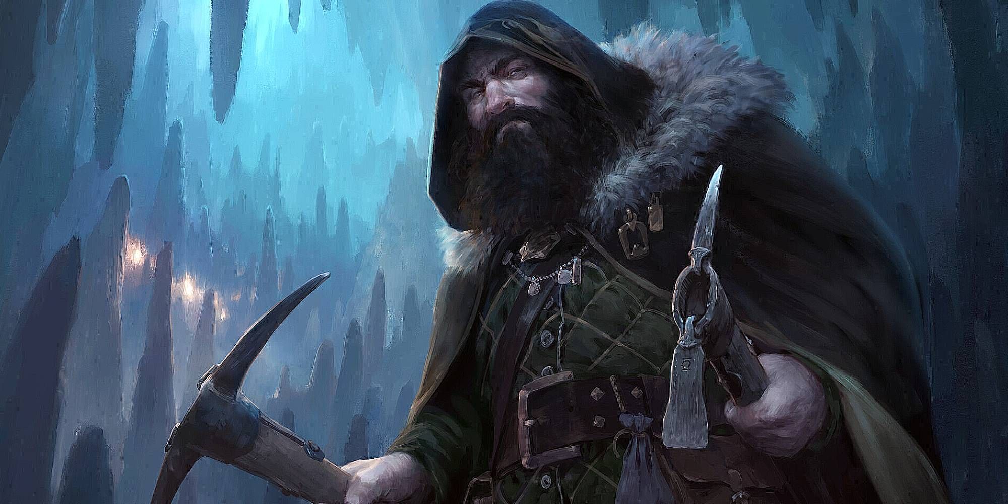 Un hombre encapuchado aparece bajo tierra sosteniendo dos picos en Dungeons & Dragons Underdark