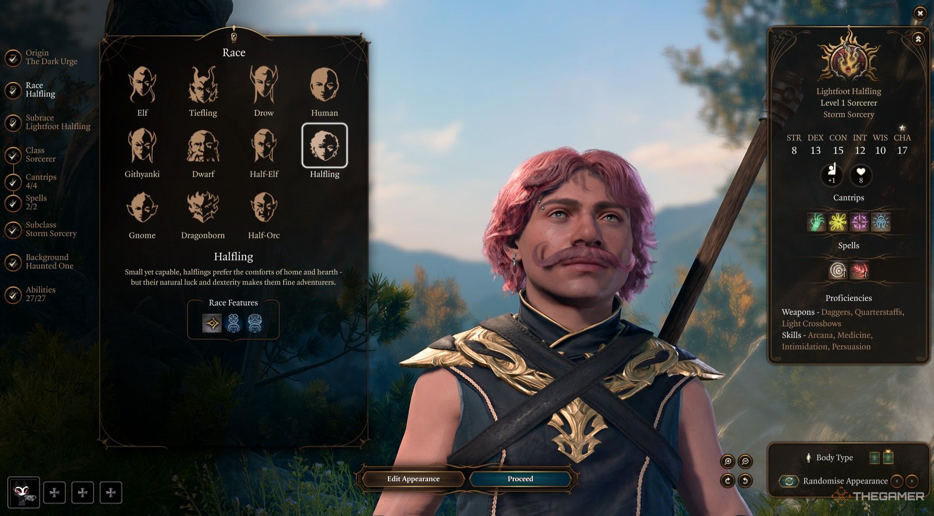 Dark Urge elige convertirse en un mediano bigotudo y de pelo rosado en Baldur's Gate 3.