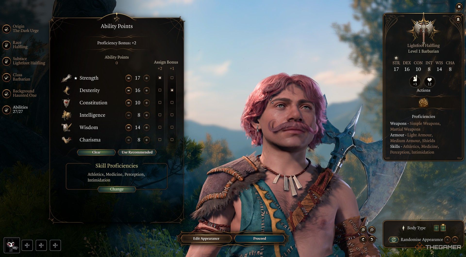 El mediano bárbaro crea fuerza con puntuaciones de habilidad en Baldur's Gate 3.