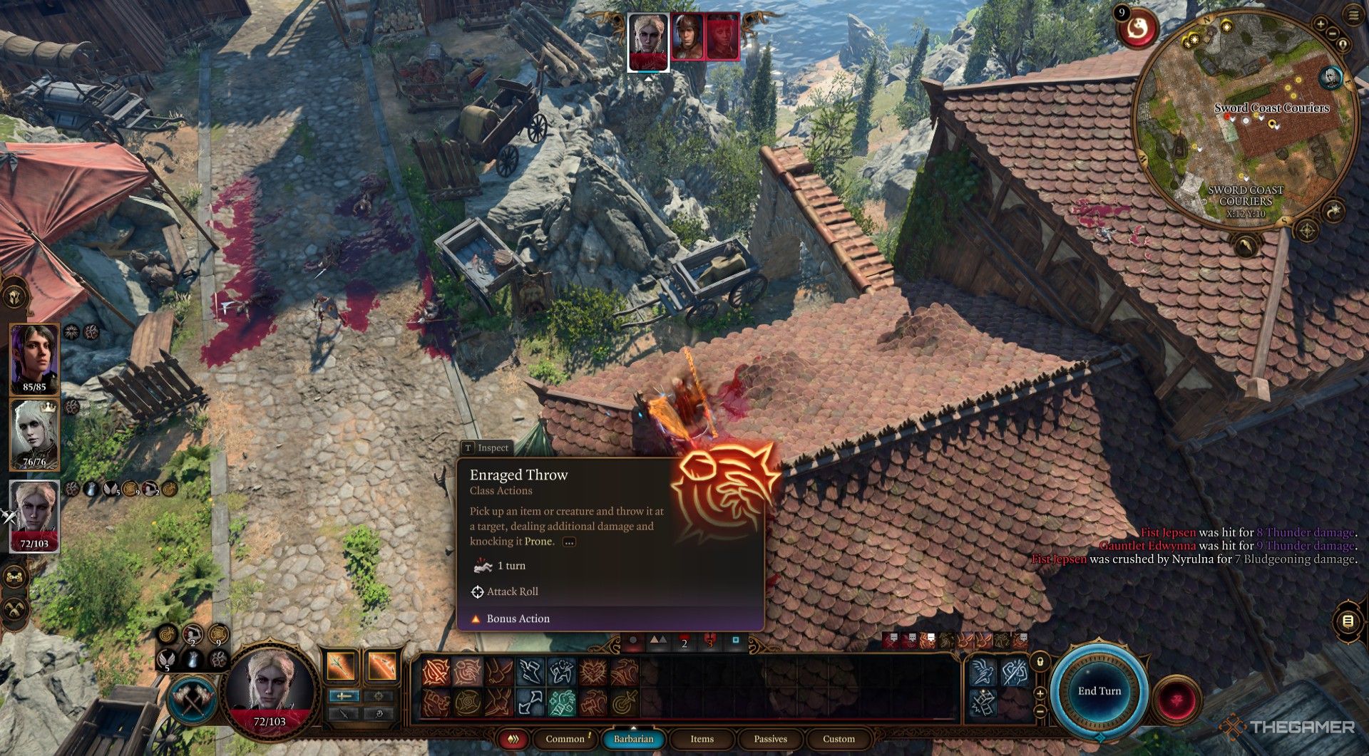 Minthara se prepara para usar Enragged Throw para lanzar a Nyrulna a Flaming Fist Southspan Guards en Baldur's Gate 3.