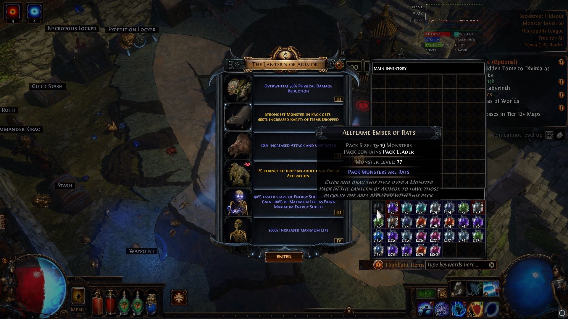Reorganización de los monstruos Linterna de Arimor en el dispositivo de mapa en Path of Exile