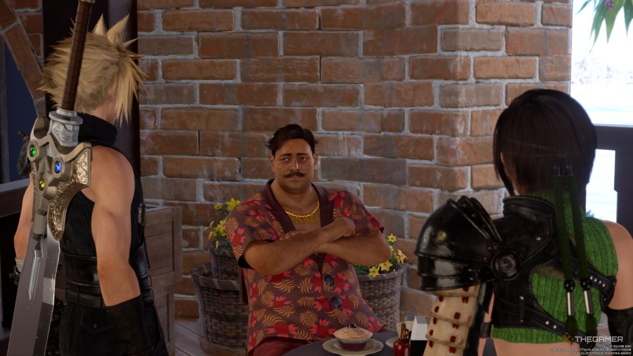 Cloud y Yuffie hablando con el alcalde Kapono en el Bar del Sol en Final Fantasy 7 Rebirth.