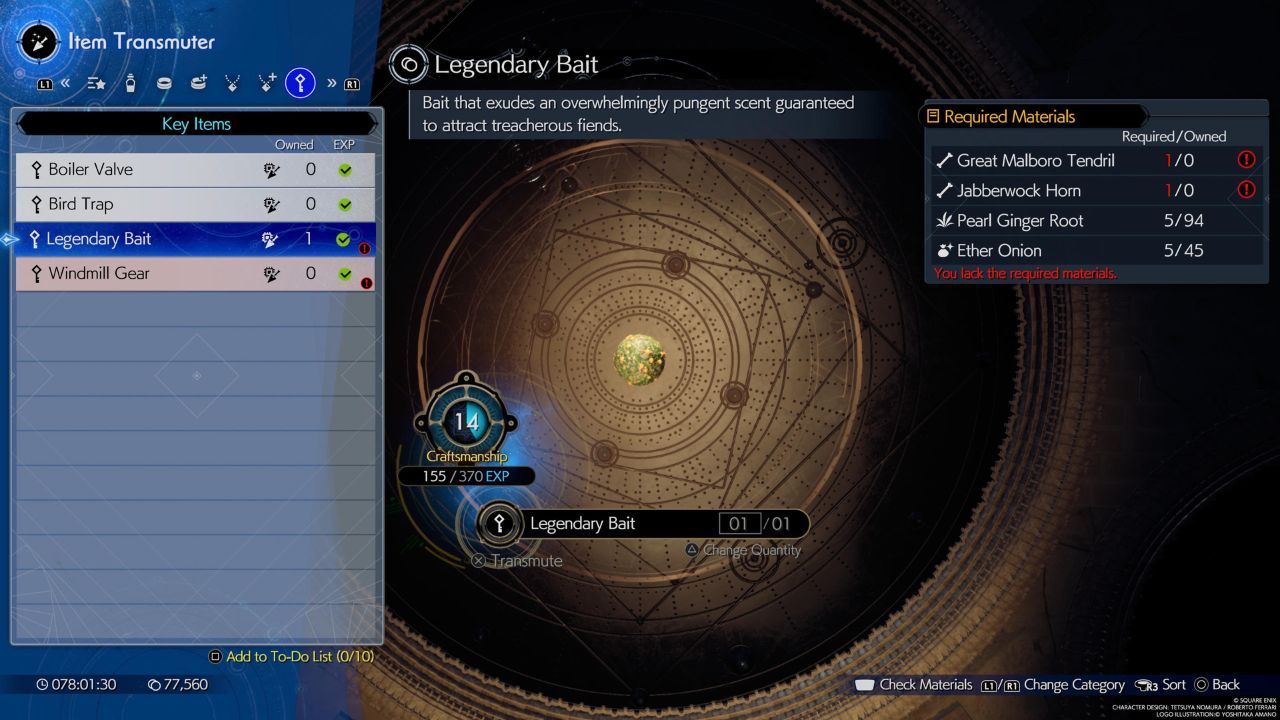 El menú de transmutación de elementos que muestra los materiales de elaboración necesarios para el cebo legendario en Final Fantasy 7 Rebirth.