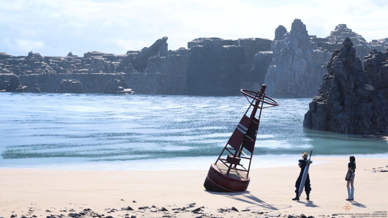 Cloud y Yuffie parados cerca de la boya en Off-Limits Beach en Final Fantasy 7 Rebirth.