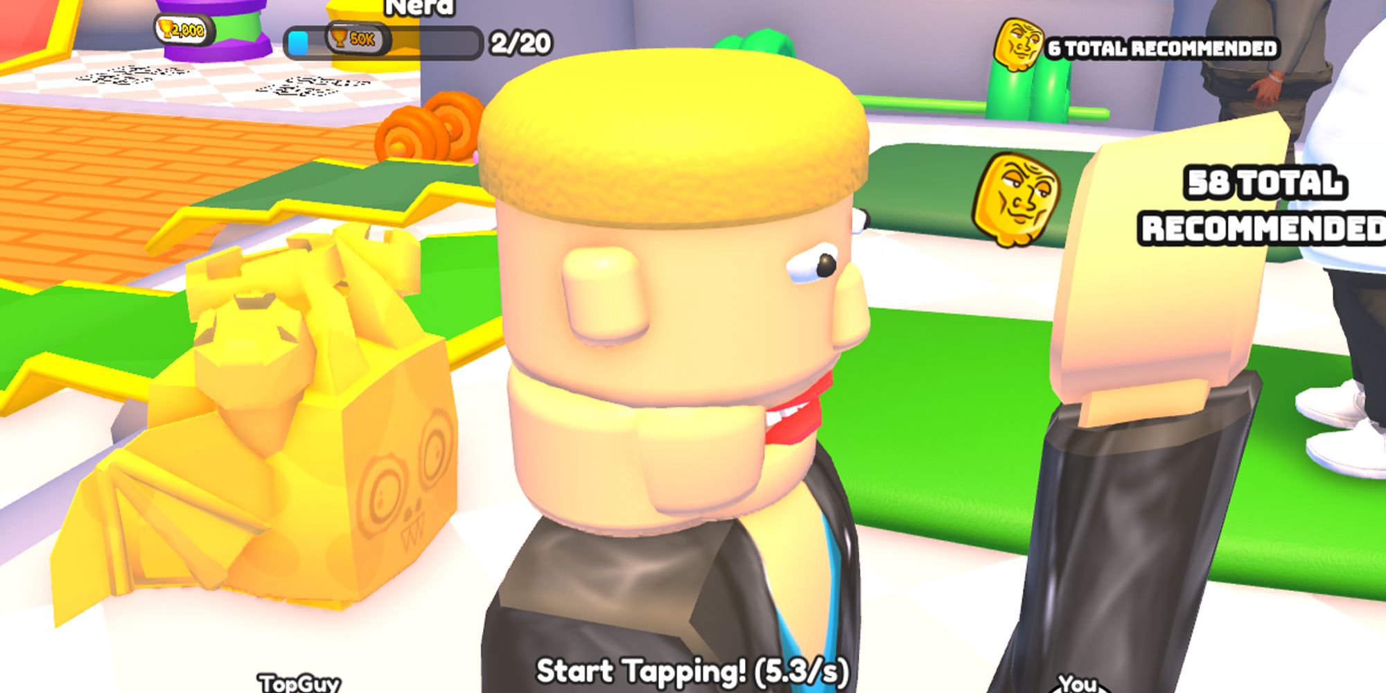 Un carismático personaje de Roblox se acaricia la barbilla en un Mew-off en Mewing Simulator.