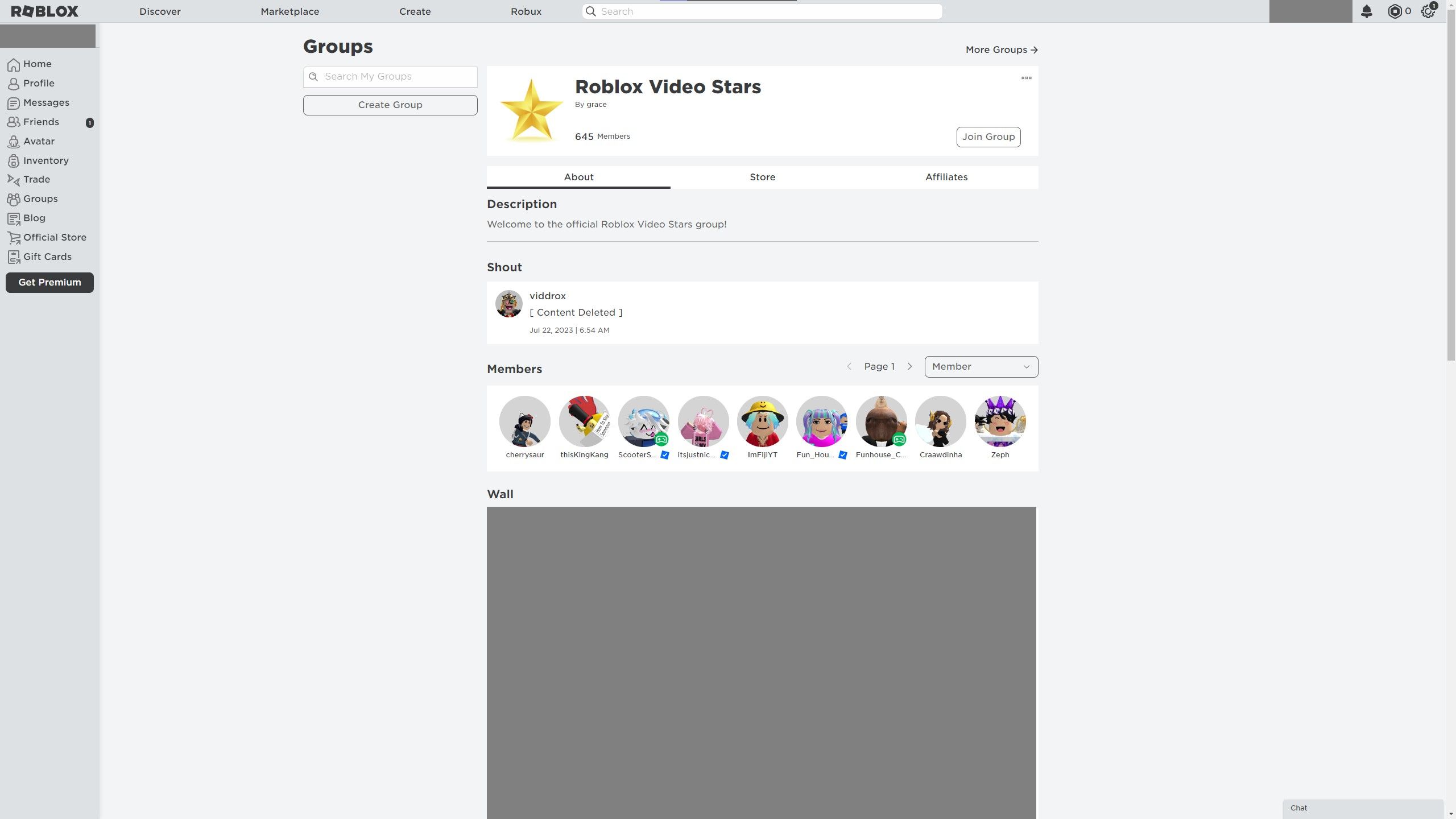 Una imagen de Roblox que muestra el grupo oficial de Video Stars o las personas que tienen códigos Star. 