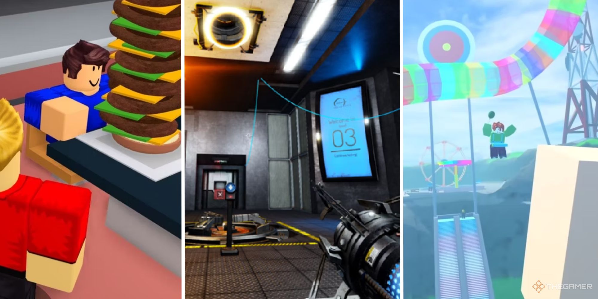 Imagen dividida que muestra 3 juegos de VR de Roblox.