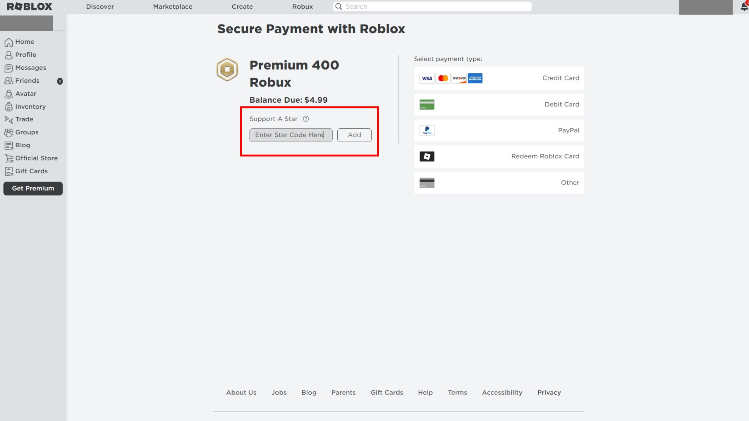 Una imagen de Roblox que muestra dónde ingresar su código Star en la página de pago.