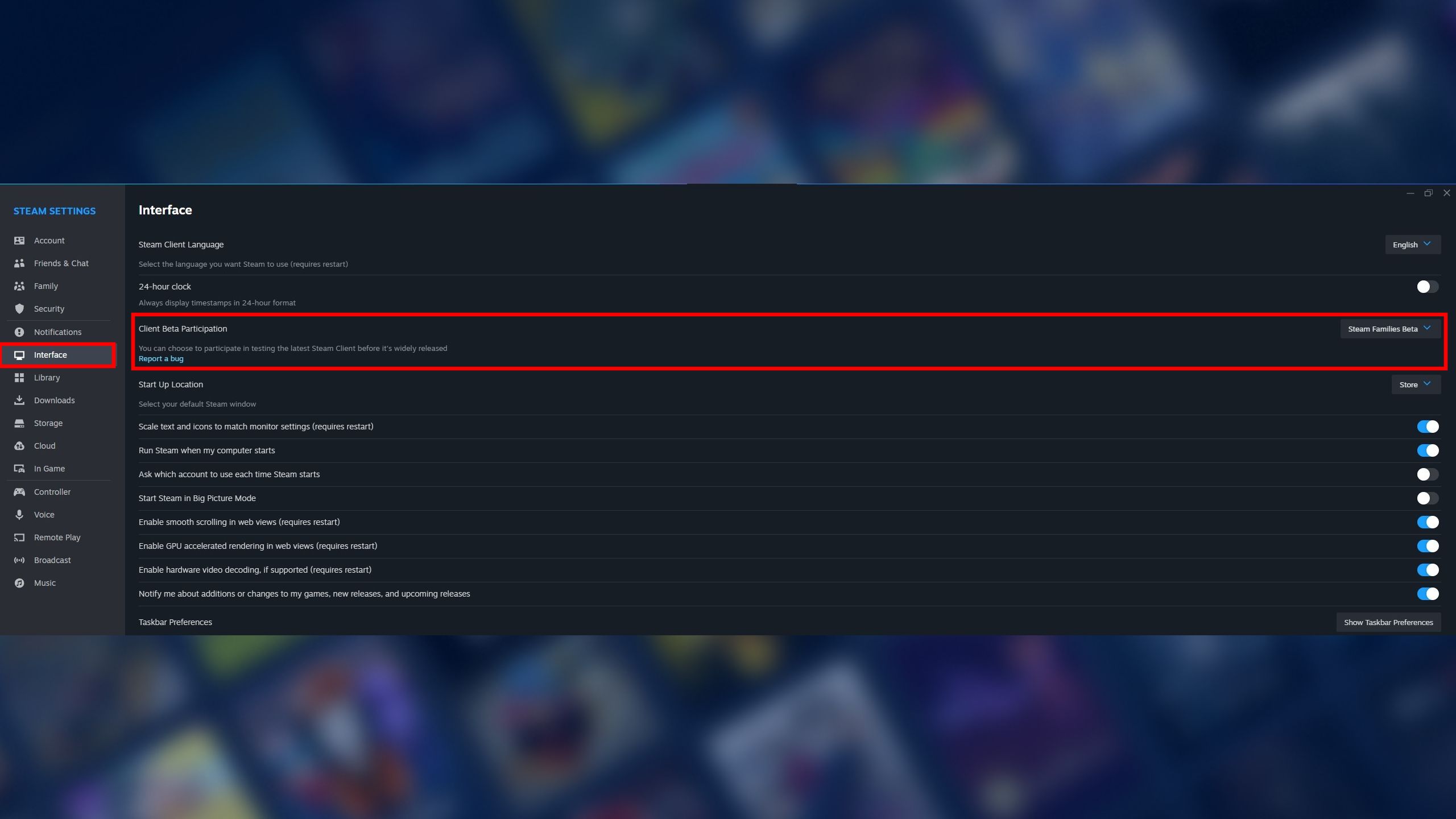 Una imagen de la Configuración de Steam que muestra cómo habilitar el Cliente Beta de Steam Families