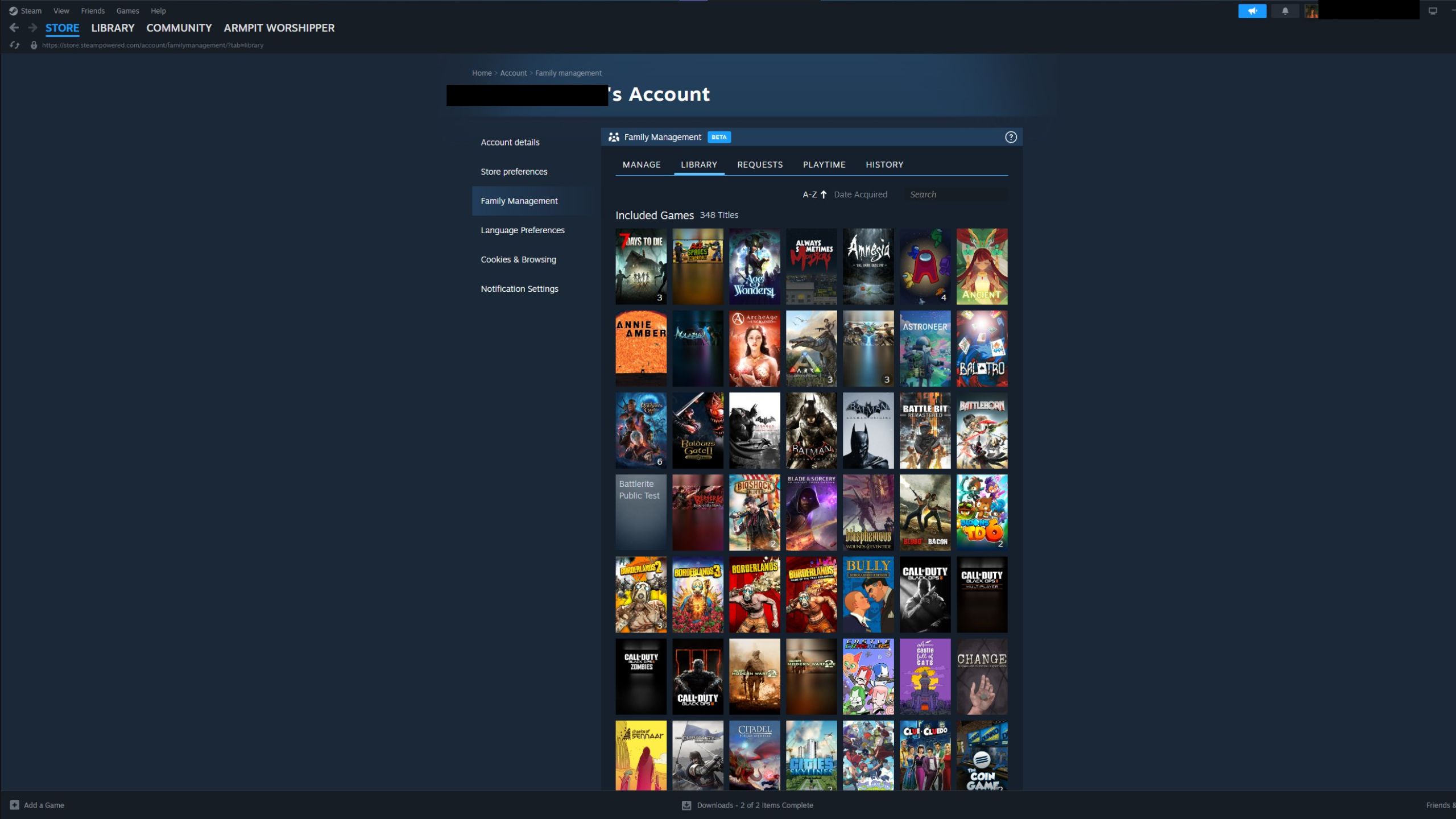Una imagen de Steam Family de la lista de bibliotecas de juegos, que muestra todos los juegos que posee cada miembro de tu familia.