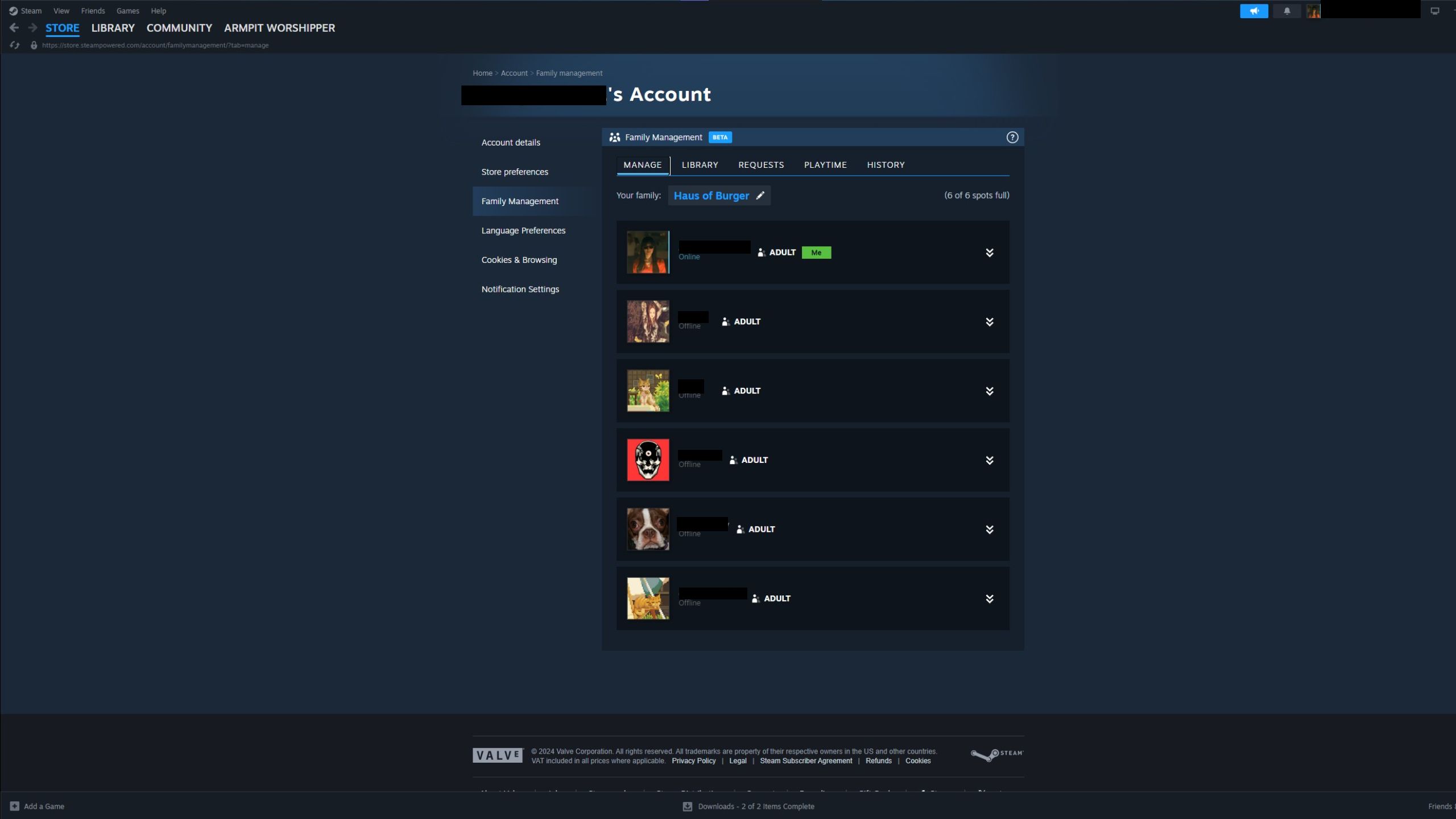 Una imagen de Steam Family de una lista de miembros, que muestra a cada miembro de tu familia, su estado y si es adulto o niño.