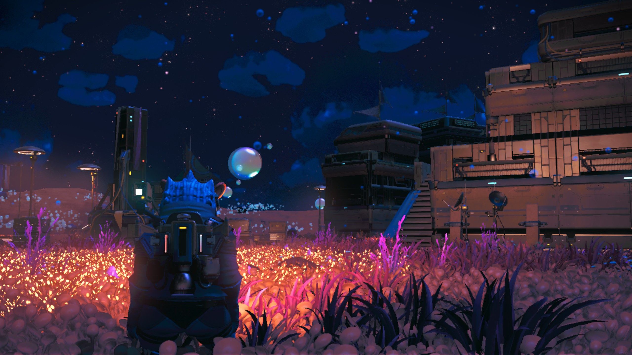 Asentamiento de No Man's Sky de noche