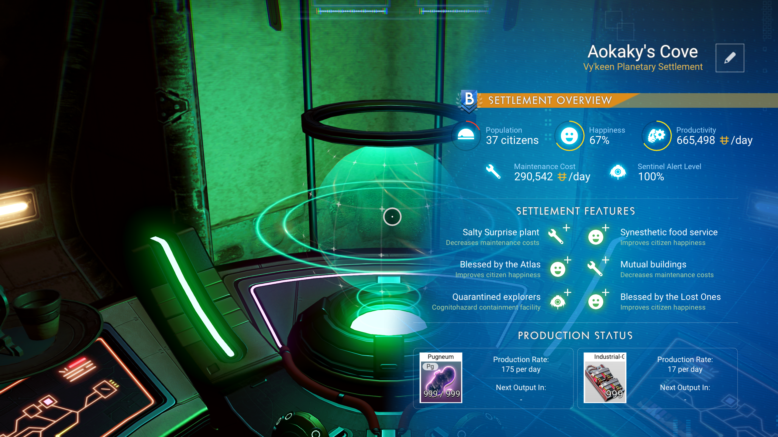 Pantalla de gestión de asentamientos de No Man's Sky