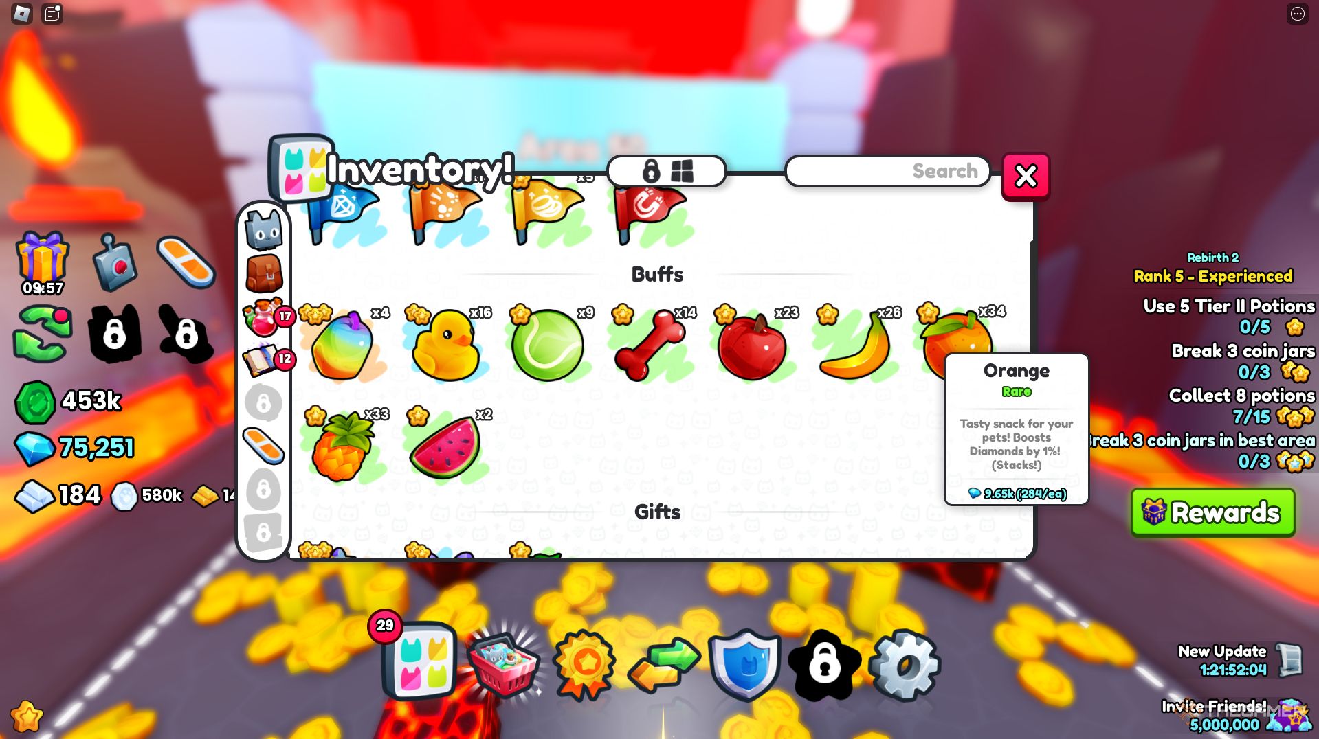 El inventario de un jugador con naranjas resaltadas en Roblox Pet Simulator 99.