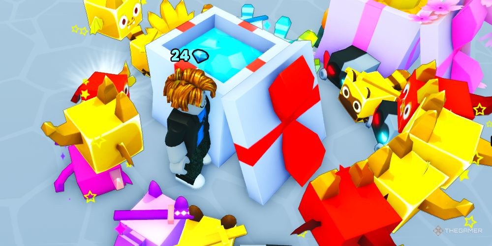 un jugador y su equipo alrededor de una caja de regalo de diamantes en Pet Simulator 99 para Roblox