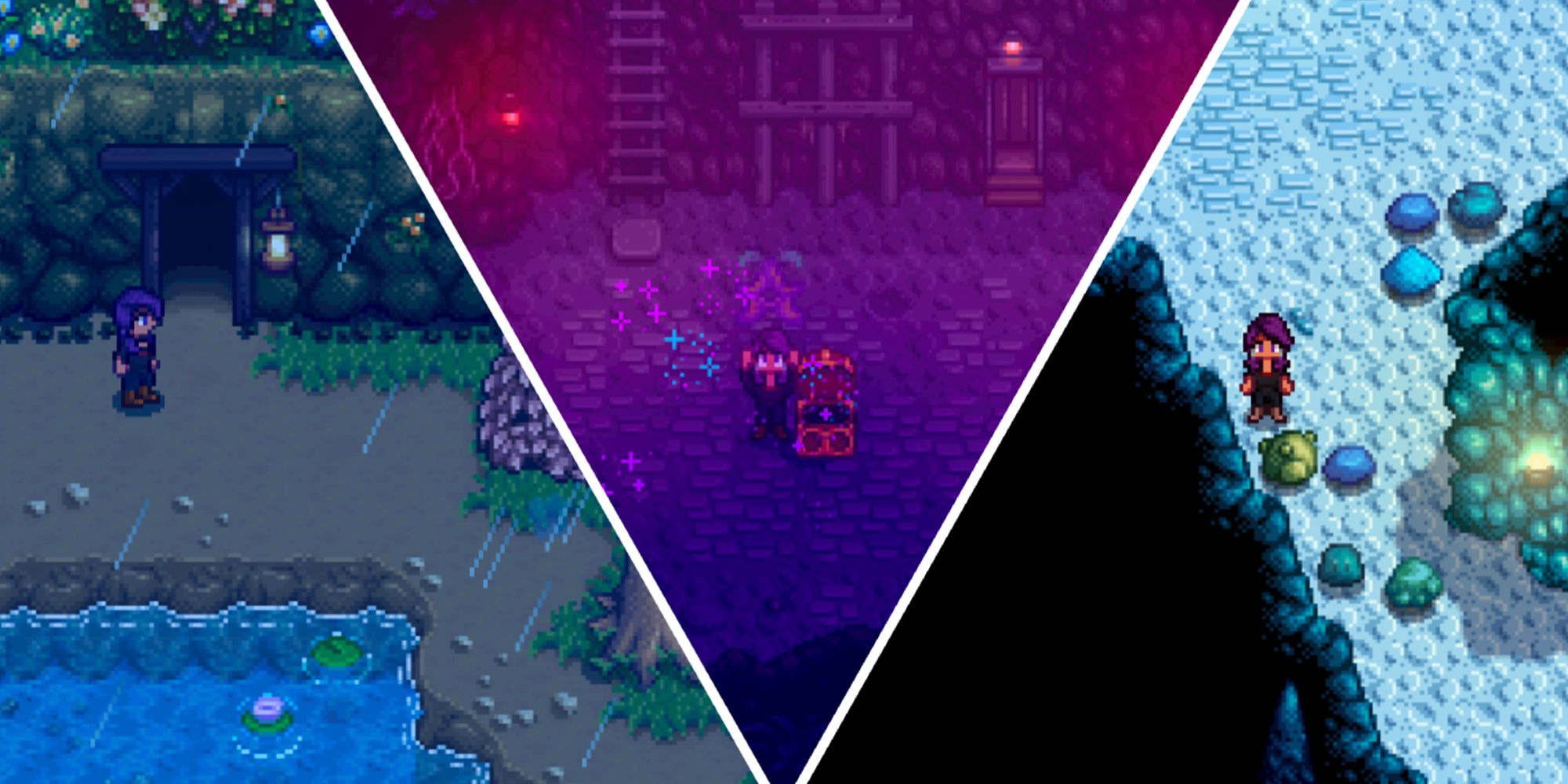 Imagen dividida de Stardew Valley, granjero yendo a las minas bajo la lluvia, granjero recibiendo Stardrop y granjero parado frente a un nodo de Jade.
