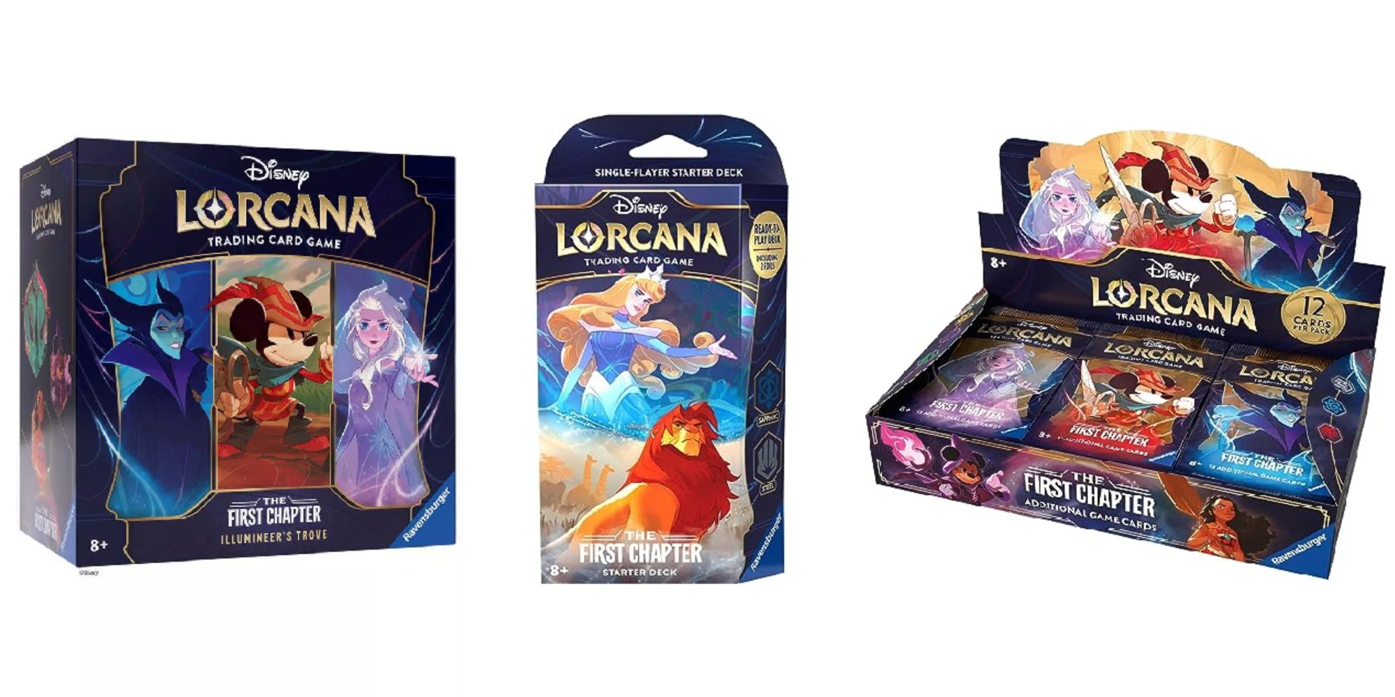 Conjuntos del Capítulo Uno de Disney Lorcana uno al lado del otro, que incluyen un tesoro, un mazo inicial y una caja de refuerzo.