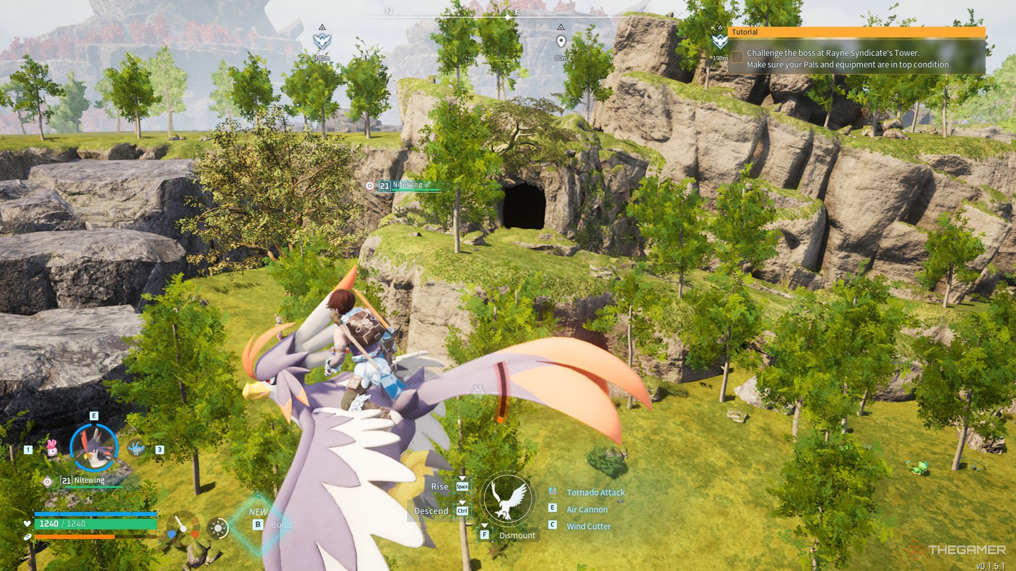 Palworld - Jugador volando frente a la entrada de una mazmorra