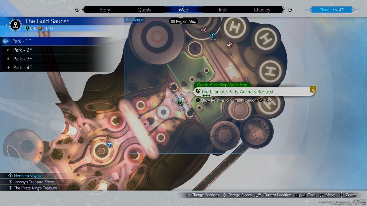 La ubicación de la misión secundaria Can't Stop Won't Stop en Gold Saucer en Final Fantasy 7 Rebirth.