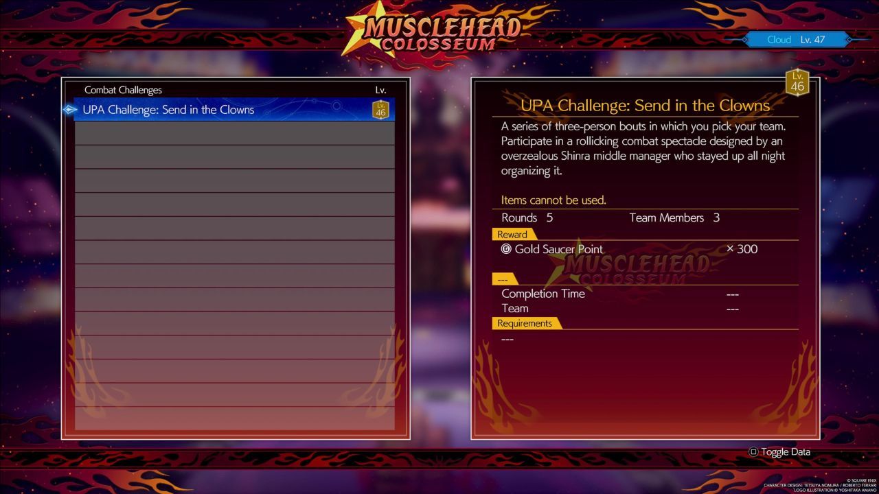 El desafío UPA en el menú Musclehead Colosseum en Final Fantasy 7 Rebirth.