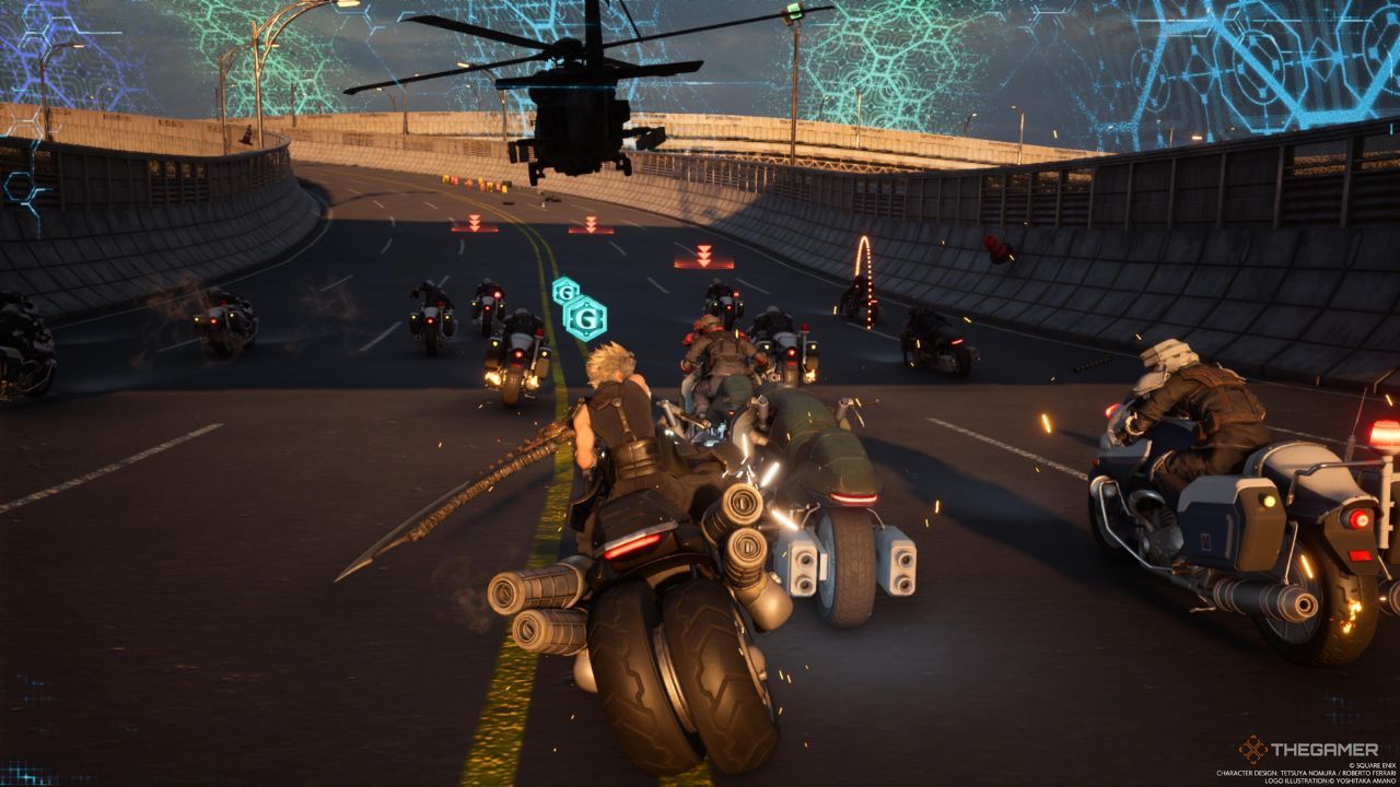 Una horda de enemigos rodeando a un jugador en G-Bike en Final Fantasy 7 Rebirth.