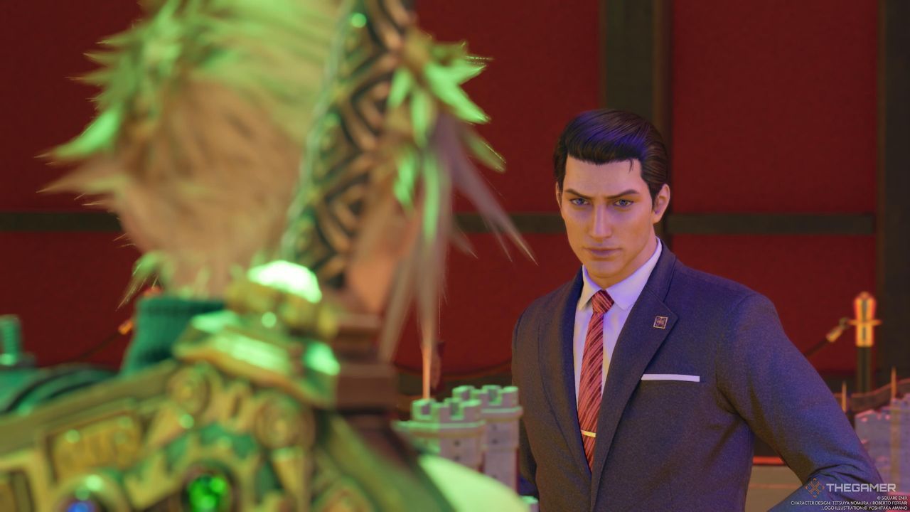 El gerente intermedio de Shinra se prepara para una partida de Queen's Blood en Final Fantasy 7 Rebirth.