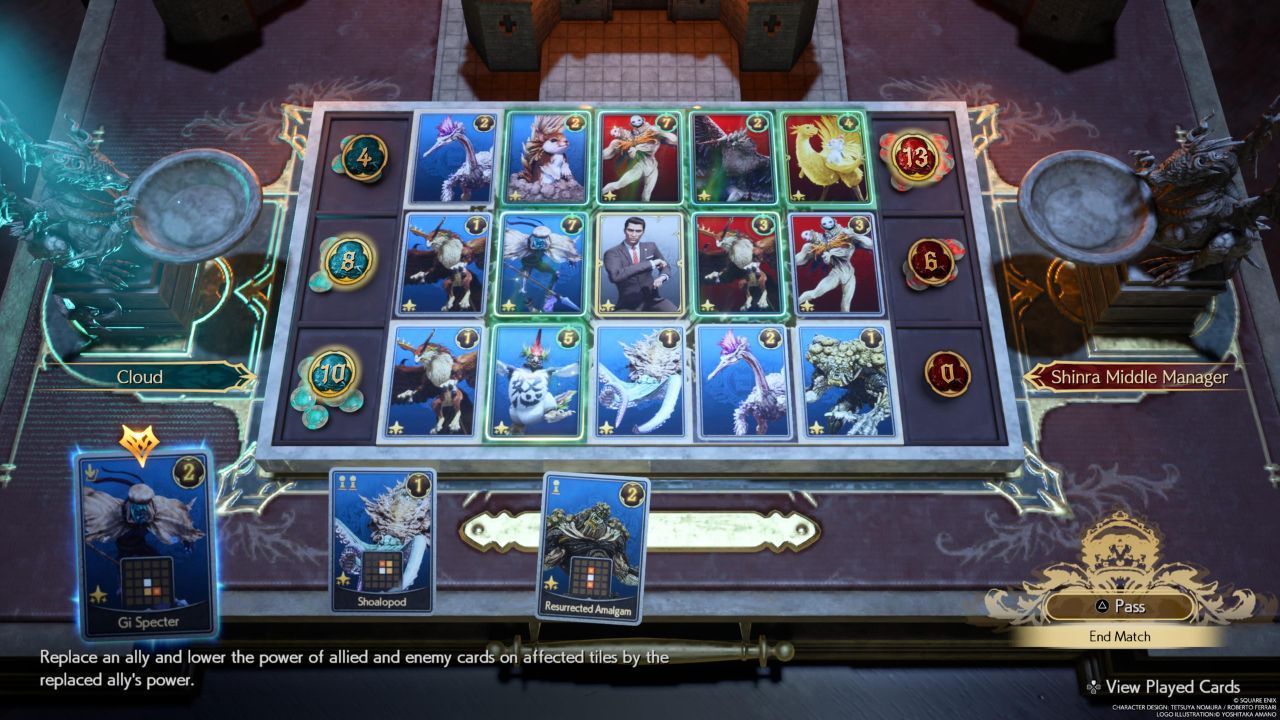 Un tablero de Queen's Blood lleno de cartas del mazo Aftermath en Final Fantasy 7 Rebirth.