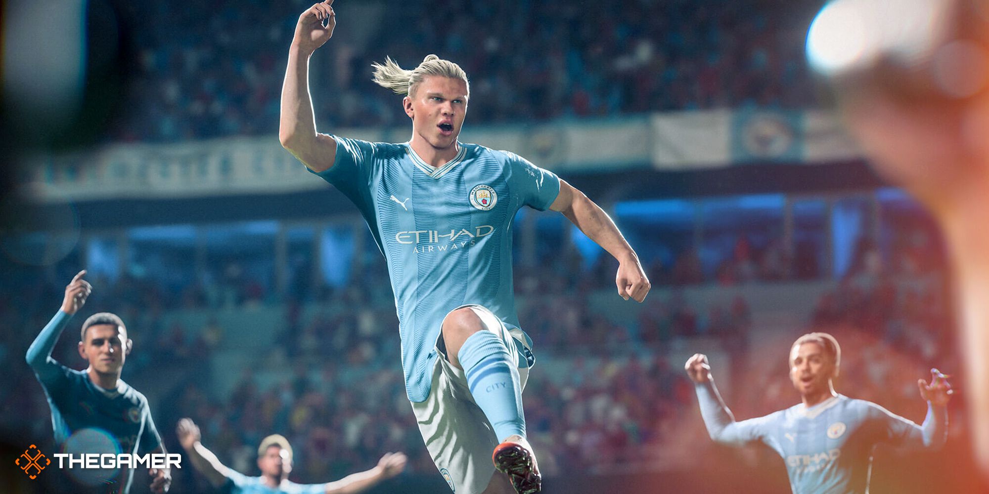 Erling Haaland celebra con sus compañeros del Manchester City en EA Sports FC 24.