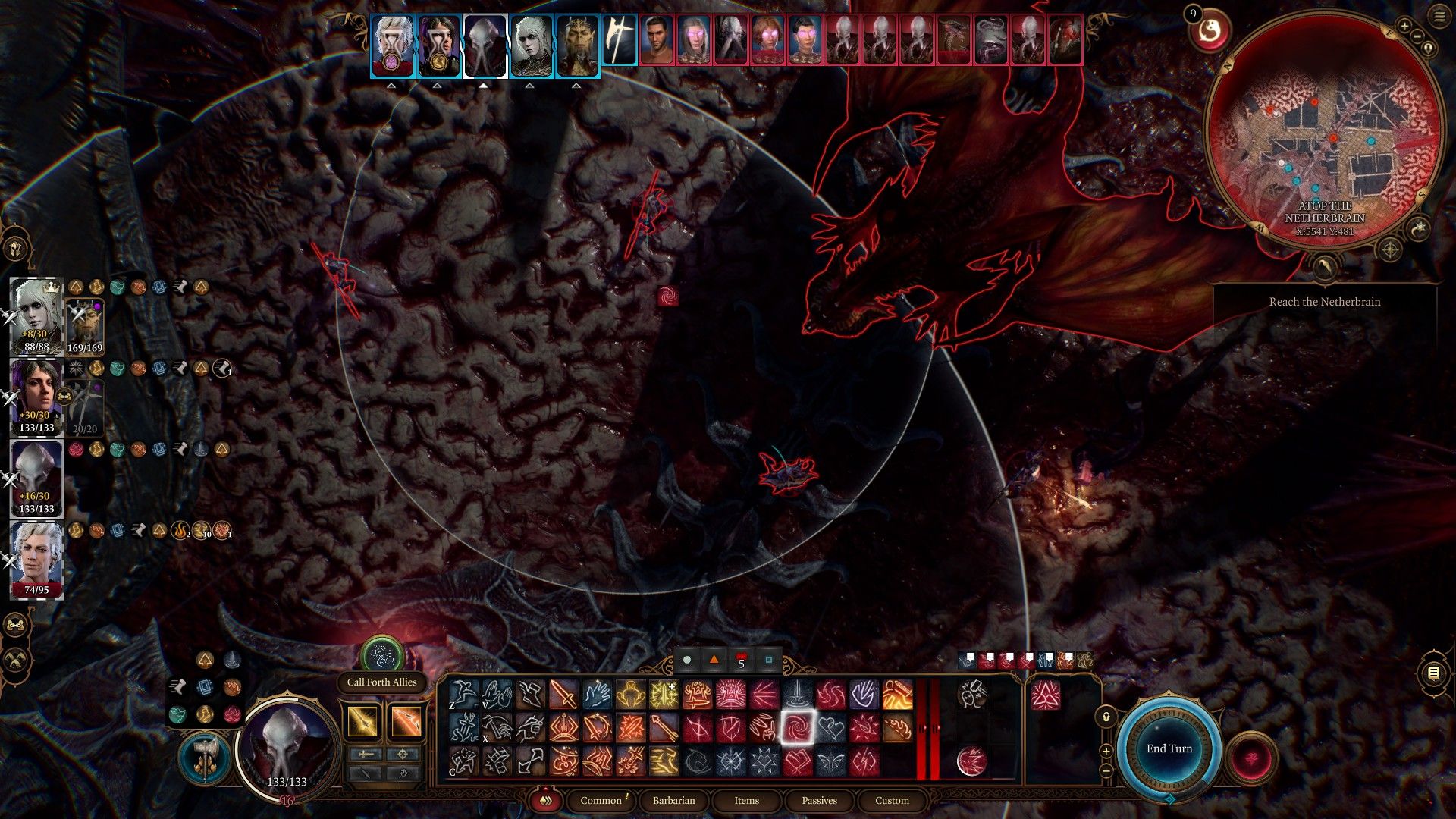 Karlach Mindflayer usa Black Hole Nebula Atop the Netherbrain contra Red Dragon y otros enemigos en Baldur's Gate 3.