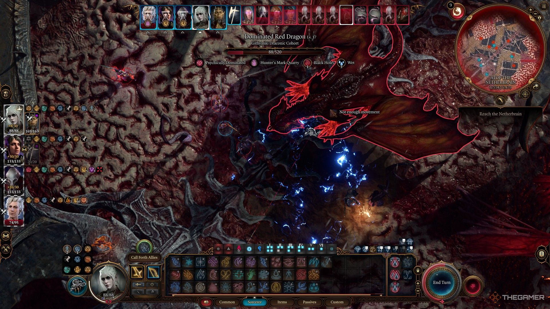 Sorcerer usa Call Lightning para atacar a Red Dragon Atop the Netherbrain en Baldur's Gate 3.