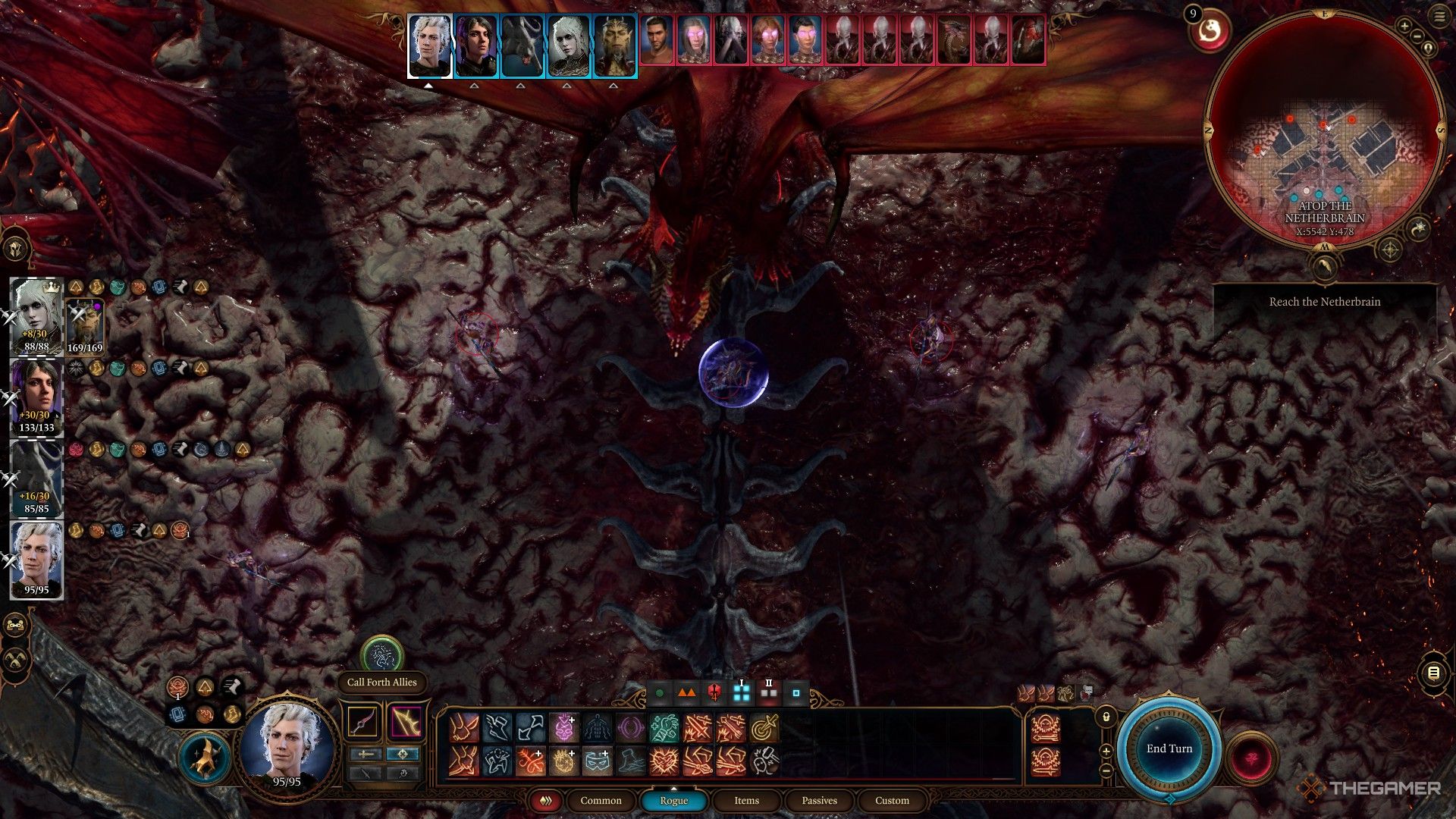Astarion se prepara para usar el arco para dispararle al Emperador durante la batalla final en la cima del Netherbrain en Baldur's Gate 3.