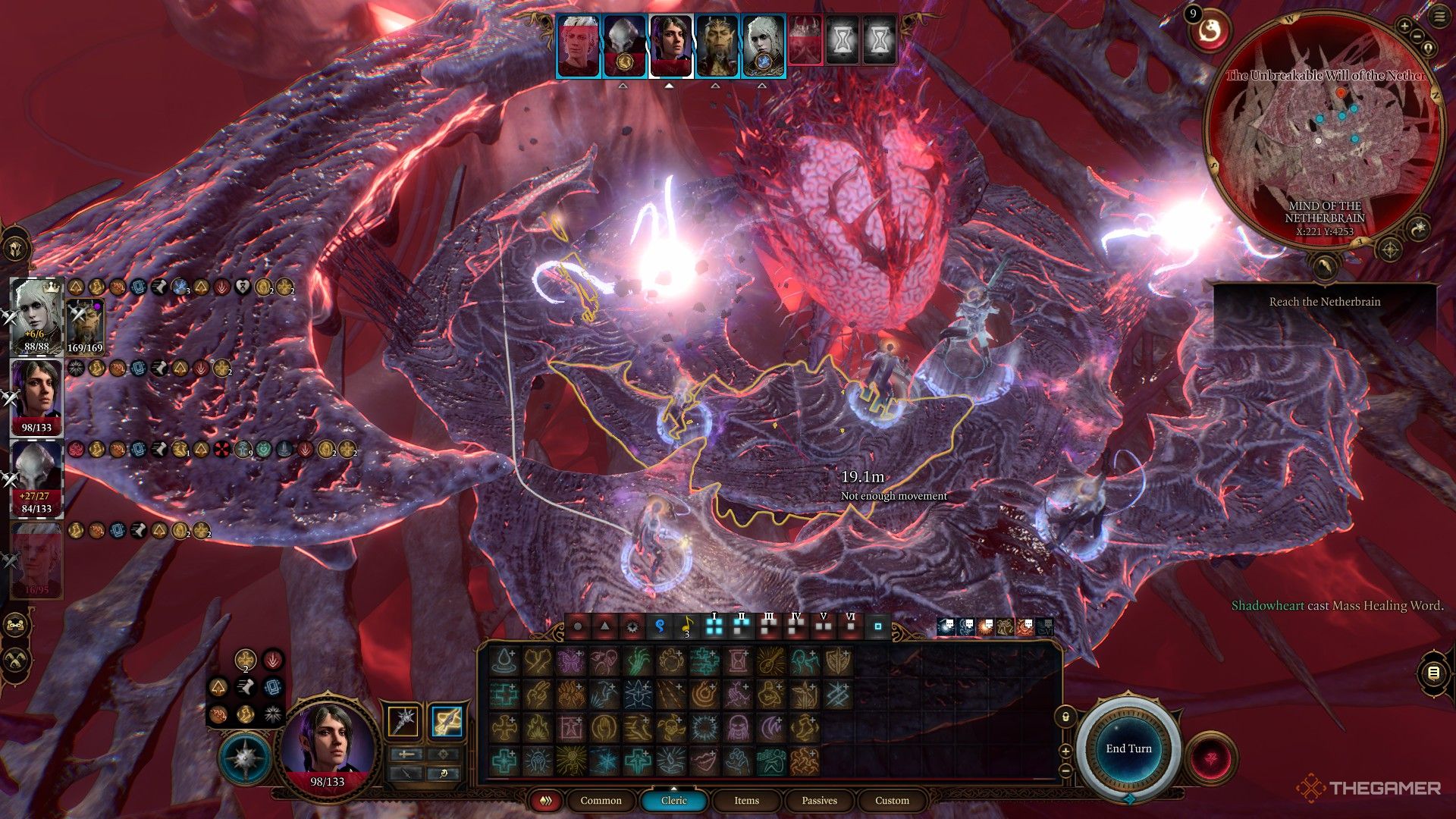 Netherbrain usa Orb of Negation en todo el campo de batalla mientras Shadowheart lucha por encontrar una plataforma segura en Baldur's Gate 3.